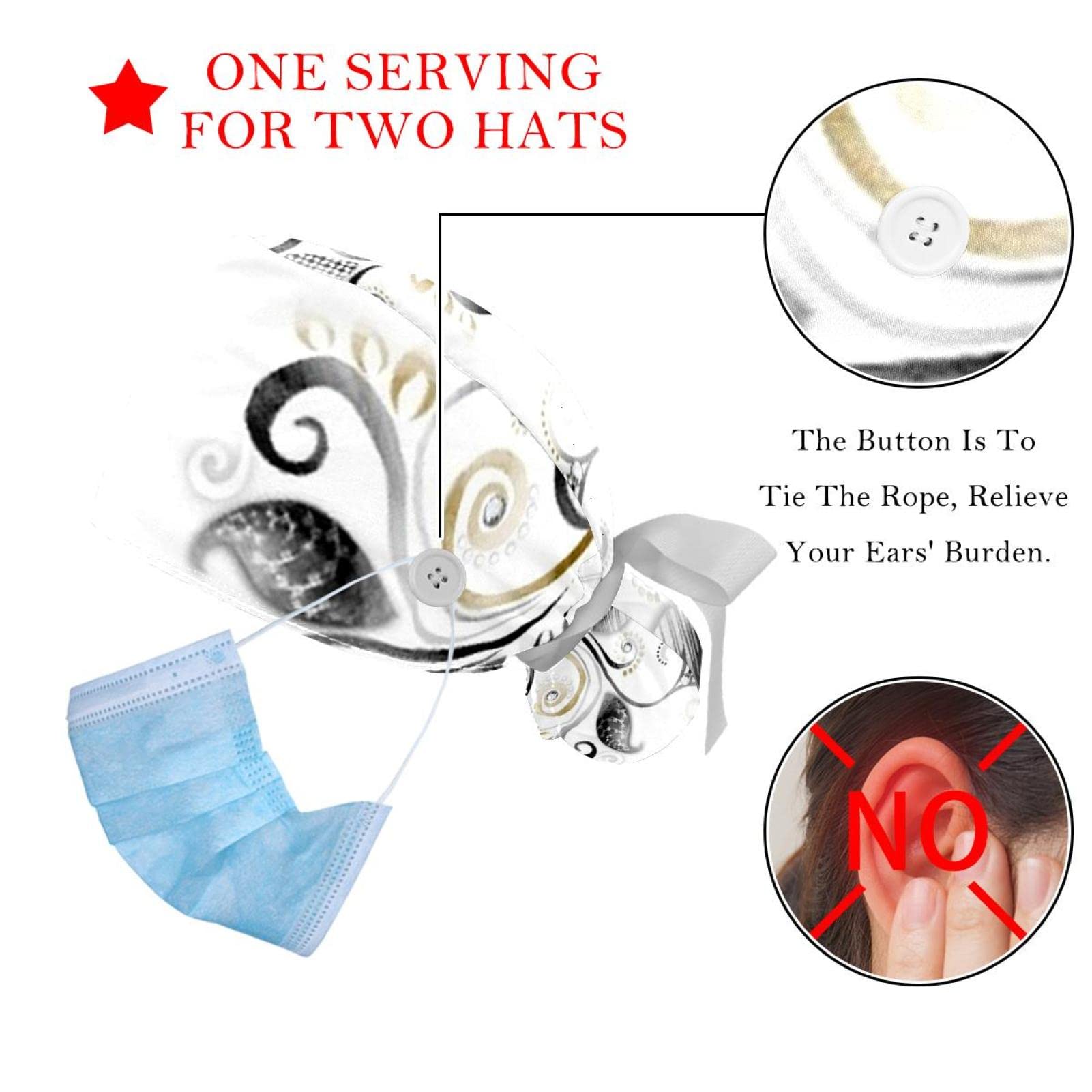 Breathable Scrub Hats for Women & Men - 2 Pack Surgical Caps with Button Closure & Sweatband - Comfortable Tie Back Hair Cover for Nurses, Doctors, Chefs & Long Hair Professionals - Hospital, Kitchen & Work Essentials