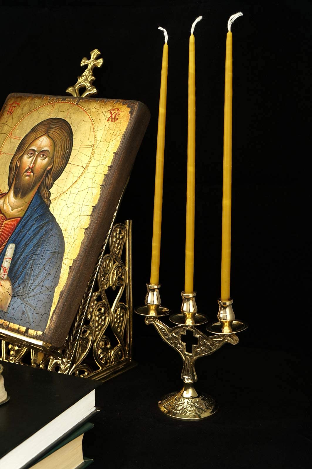 Orthodox Cross Candelabra - Christian 3-Candle Holder with Drip Trays for Home Altar & Prayer Corner | Perfect for Religious Ceremonies, Church Decor & Spiritual Meditation