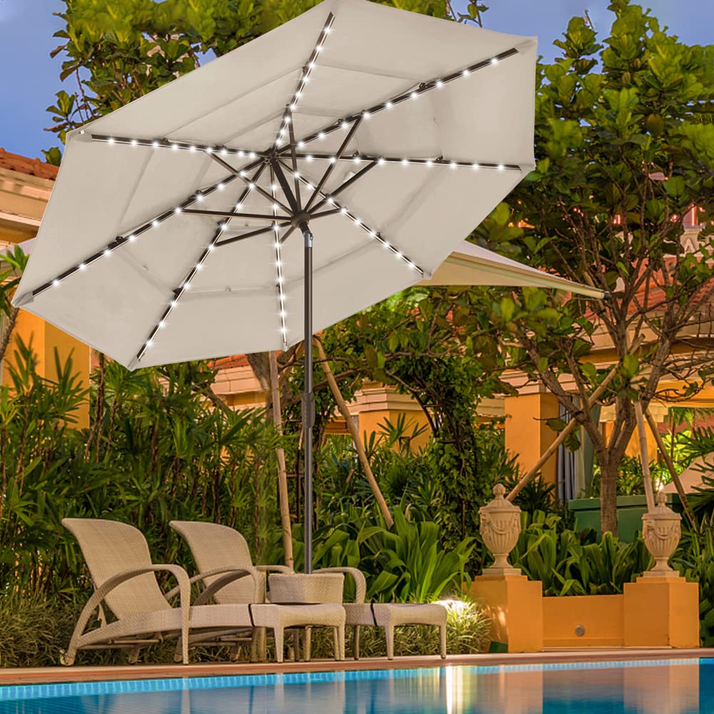 EliteShade USA 10-Year Fade-Resistant Solar-Powered 9ft 3-Tier Patio Umbrella with 80 LED Lights - Ventilated Outdoor Market Umbrella in Antique Beige - Perfect for Backyard, Poolside, and Restaurant Outdoor Dining