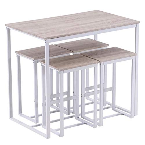 Oak Bar Table and Chairs Set - 87cm Height Dining Table with 4 Chairs (100x60x87cm) - White Matte PVC Lacquered Finish for Kitchen, Breakfast Nook or Small Space Dining