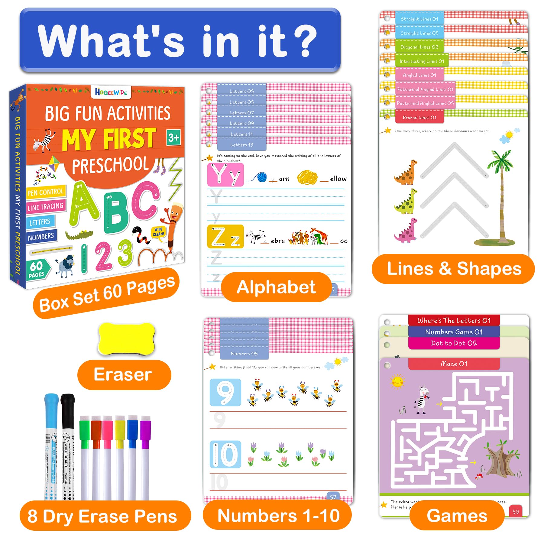 HOQEEWIPE Preschool Learning Activities Workbook - Reusable 60-Page Tracing Book for Kids Ages 3-5 | Alphabet, Numbers & Fine Motor Skills Practice | Educational Learning Toys for Toddlers 2-4 Years Old | Perfect for Homeschooling & Classroom Activities