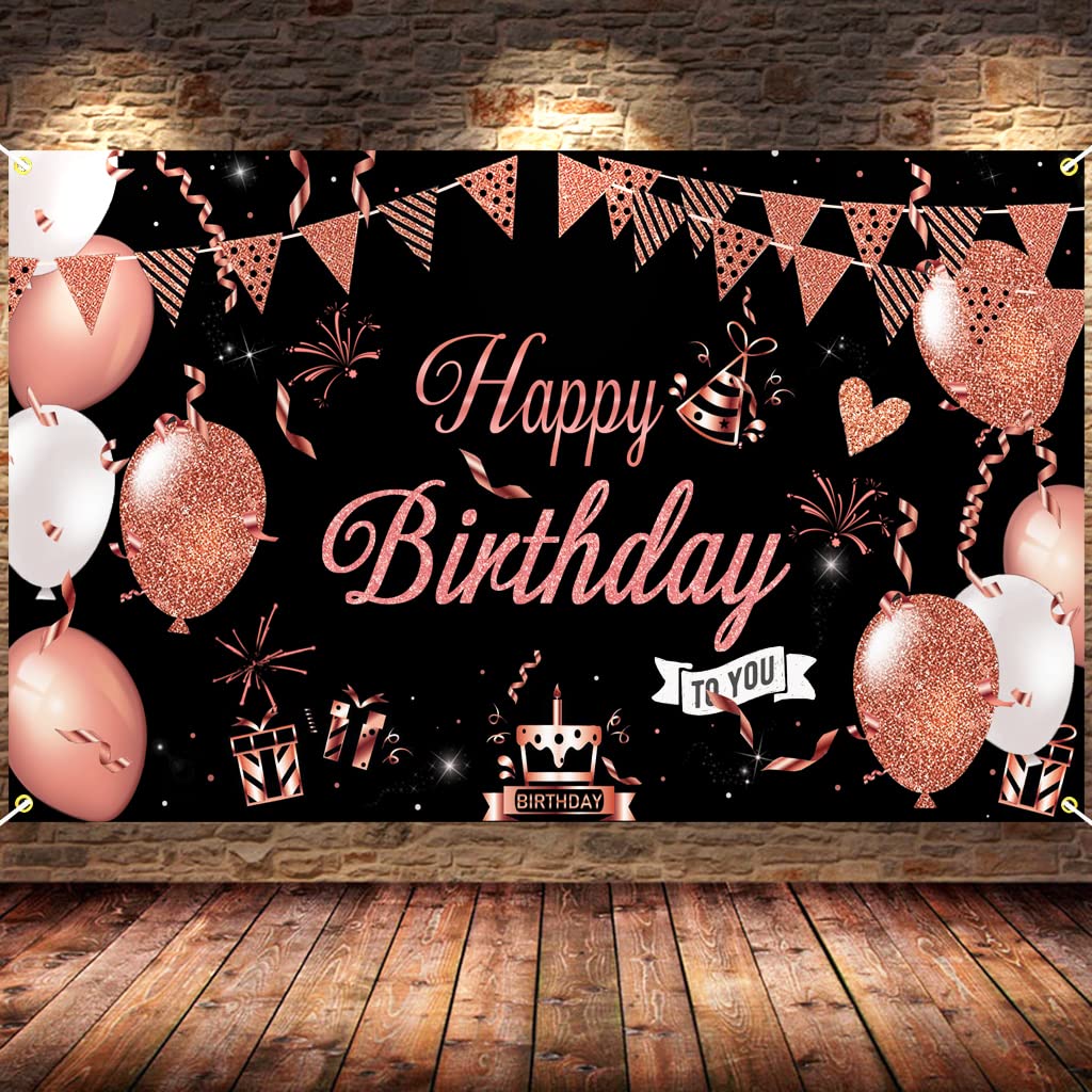 KOKAR Large Black & Rose Gold Happy Birthday Banner - Elegant Birthday Party Decorations for Girls & Women | Perfect for Birthday Backdrops, Wall Decor & Party Photo Booths