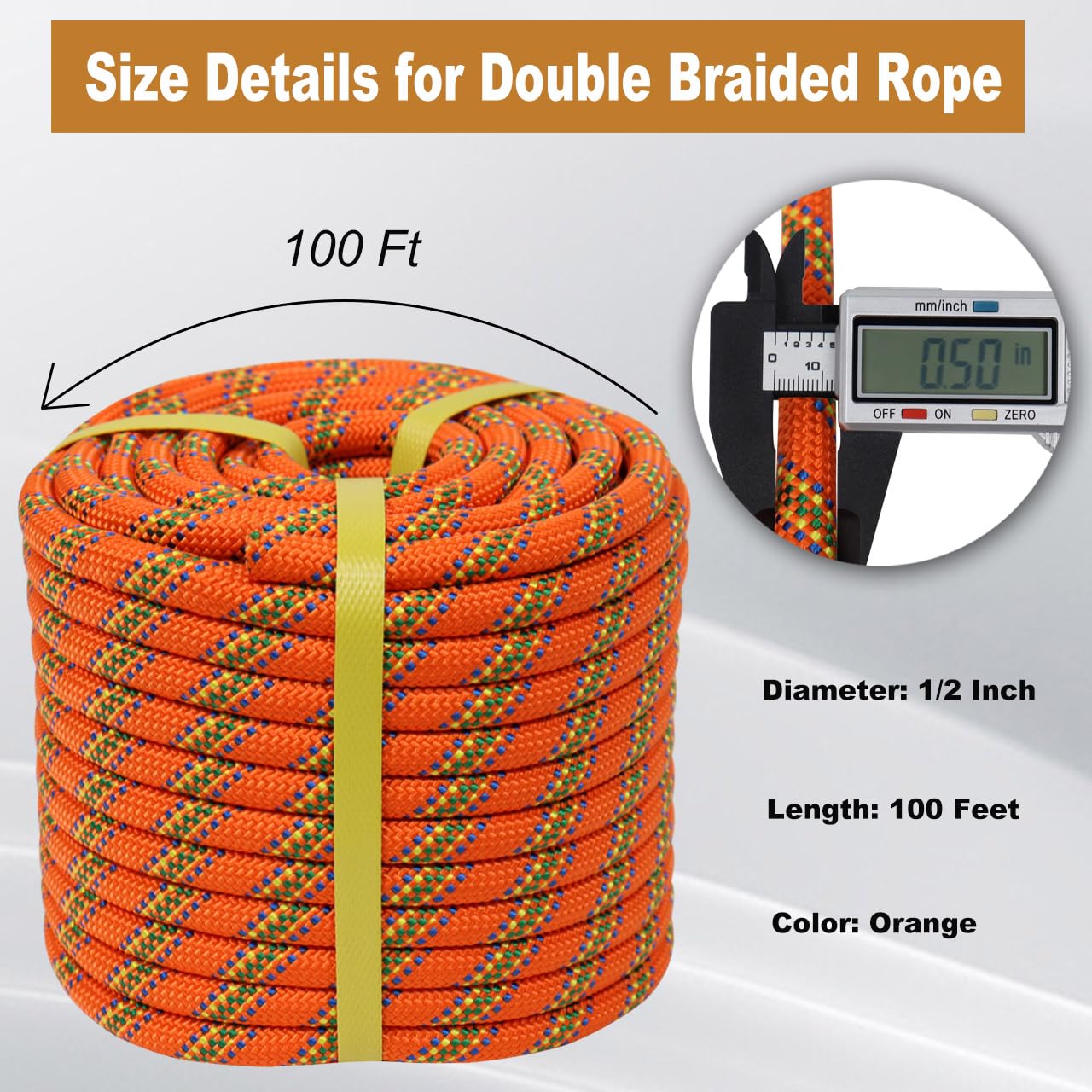 1/2 Inch x 100 Feet Double Braided Arborist Rope - High Strength Polyester Climbing Rope for Tree Work, Halyard & Sailing (Orange) - Perfect for Professional Arborists, Sailors & Outdoor Enthusiasts