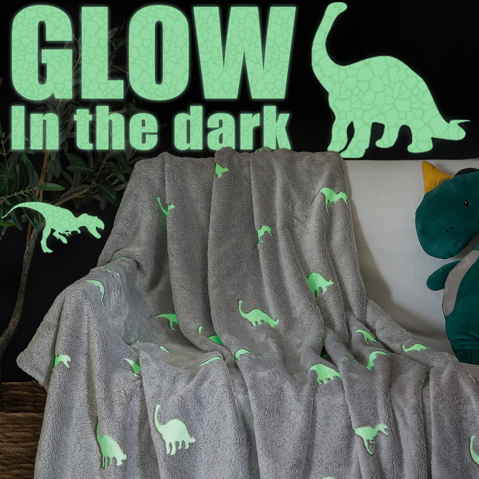 Glow in The Dark Dinosaur Fleece Throw Blanket - 40x60 Inch Soft Flannel Blanket for Kids, Boys & Girls - Perfect for Nursery, Couch, Bed - Winter & All Seasons Cozy Gift Idea - Great for Movie Nights, Camping & Sleepovers