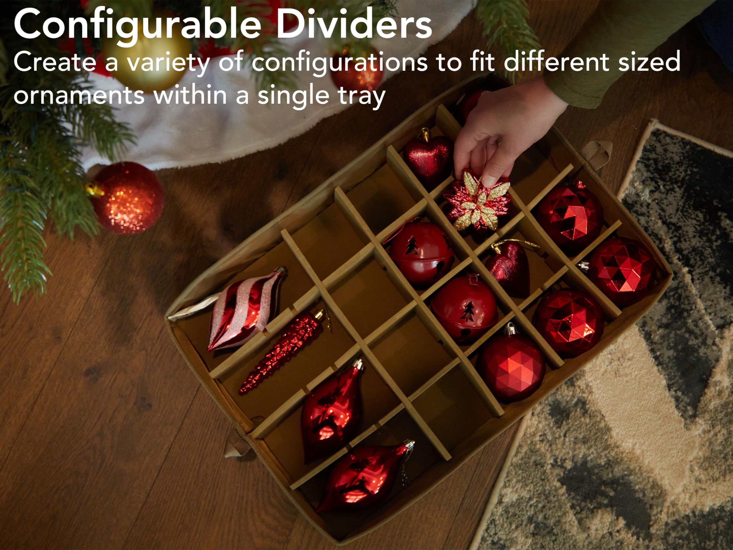 Covermates Adjustable Ornament Storage Box with Handles - Holiday Decor Organizer for Christmas Tree Ornaments, Red Snowflake Design | Perfect for Seasonal Decoration Protection & Compact Storage