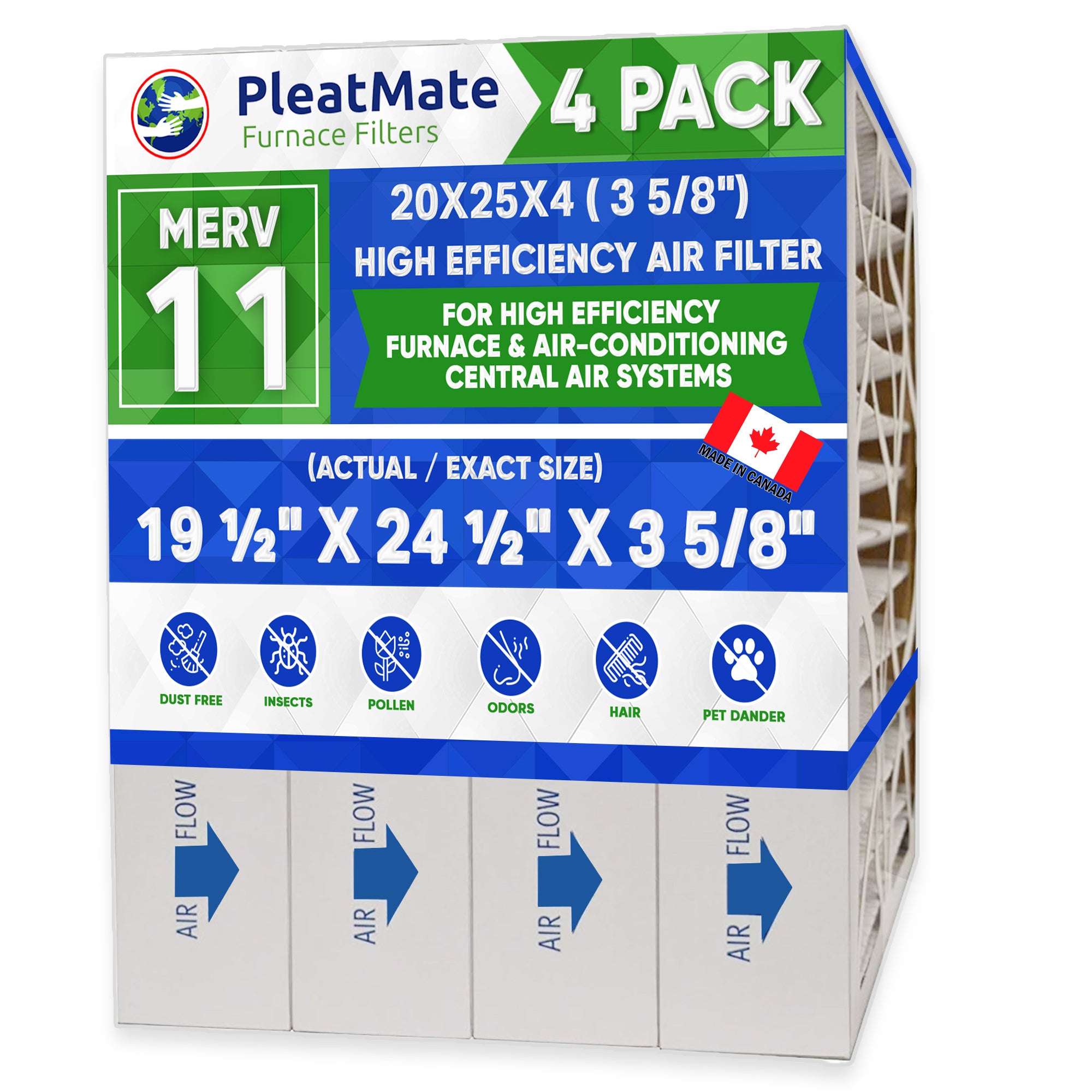 20x25x4 MERV 11 Pleated Air Filters - 4 Pack | High Efficiency Furnace & AC Filters for Home, Office & Commercial Use | Reduces Dust, Pollen & Allergens