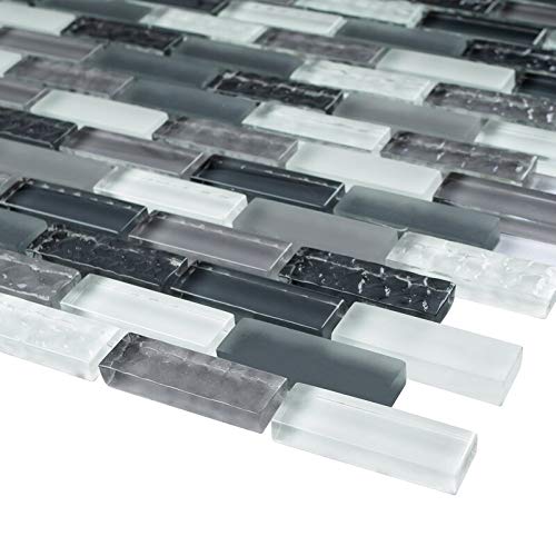 Mini Brick Mix Grey Glass Mosaic Wall Tile - 10 Sheets/Case - Waterproof Peel & Stick Backsplash for Bathroom, Kitchen, Shower, Pool - DIY Home Decor & Commercial Renovation