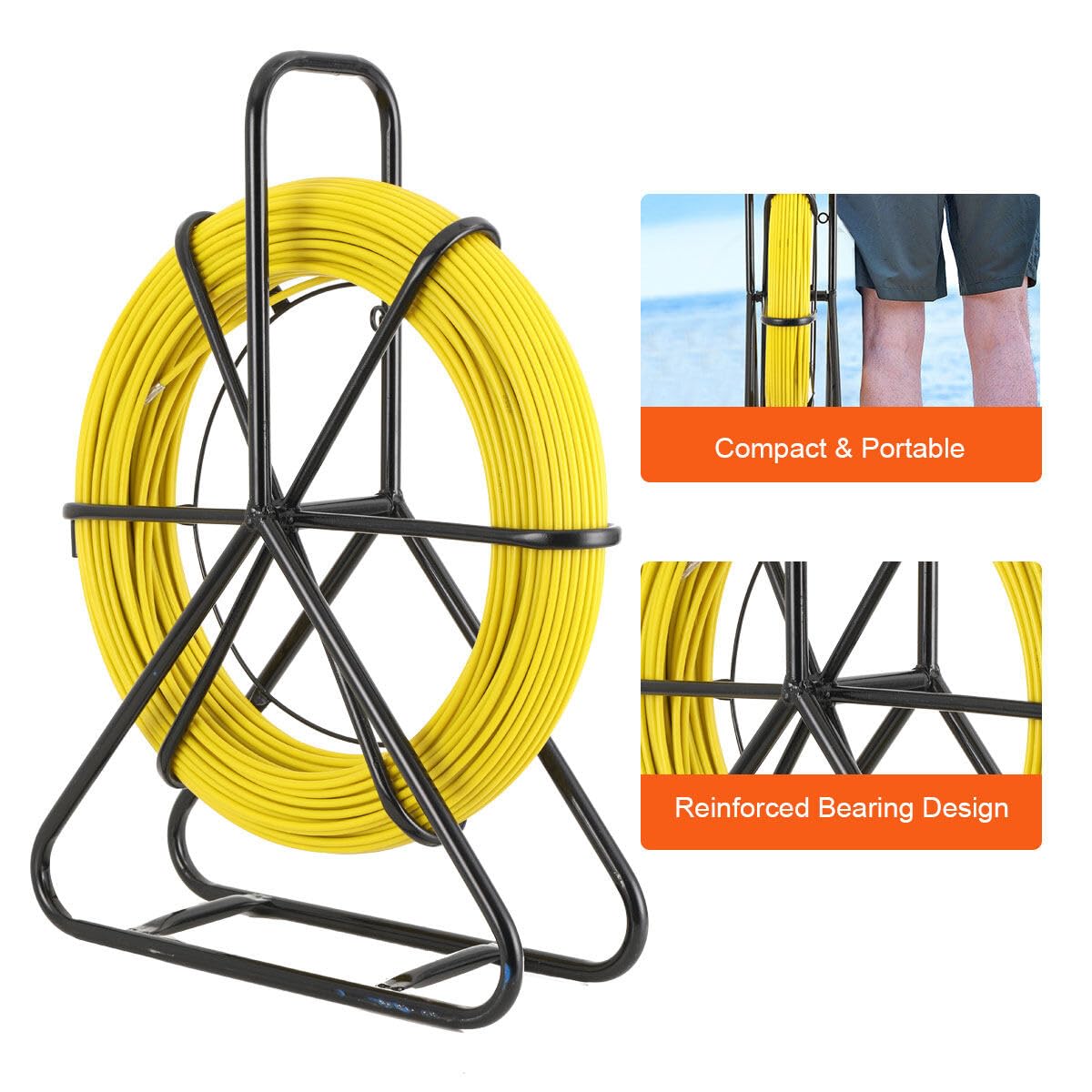 1/4 Inch 328ft Fiberglass Fish Tape - 6mm x 100m Electrical Wire Puller with Steel Frame Stand | Cable Running Rod for Wires, Ropes & Cables | Ideal for Electricians, DIY Home Wiring & Conduit Installation