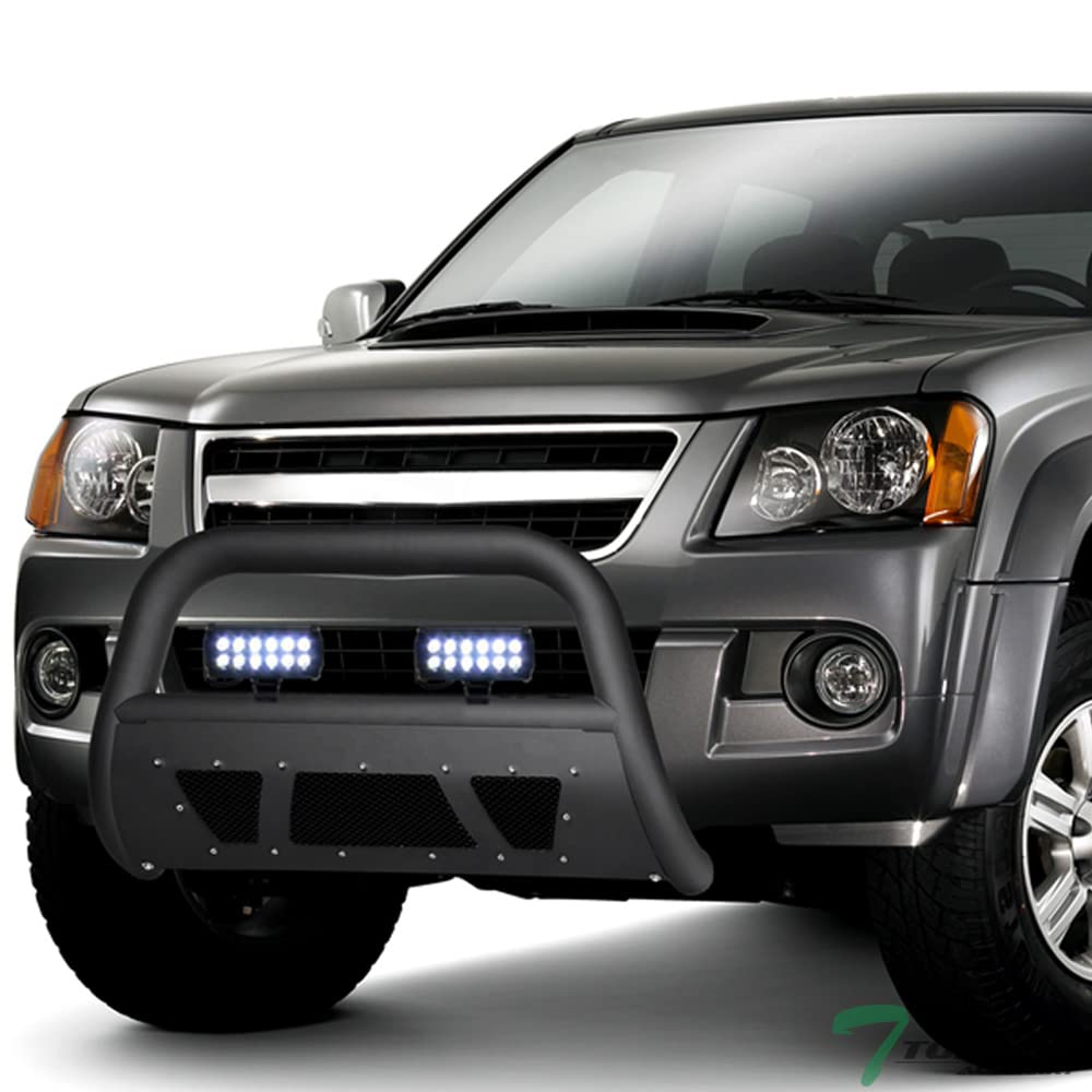 Matte Black Studded Mesh Bull Bar Brush Guard Push Bumper with Skid Plate & 36W CREE LED Fog Lights for 2004-2012 Chevy Colorado/GMC Canyon - Off-Road Protection & Style Upgrade