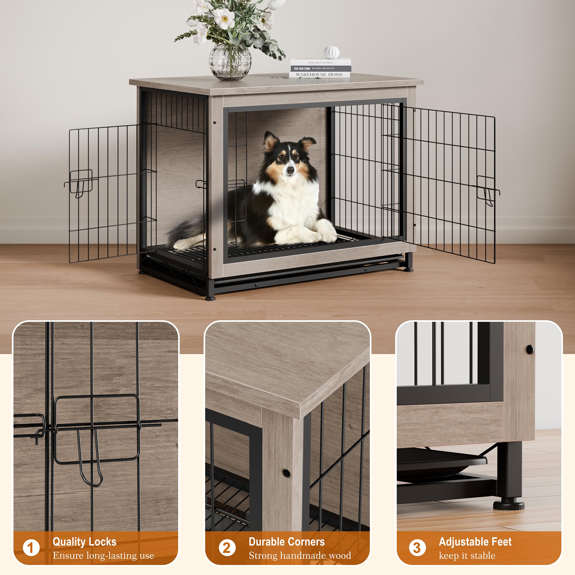 Modern Wooden Dog Crate Furniture - Heavy Duty Indoor Kennel with Removable Tray & Double Doors | Side End Table for Living Room, Bedroom | Grey Pet Cage for Small to Medium Dogs | Perfect for Home Decor & Pet Safety