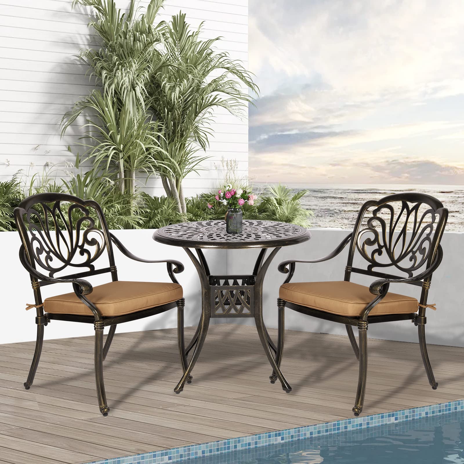 3-Piece All-Weather Cast Aluminum Outdoor Patio Dining Set with 2 Cushioned Chairs & 31