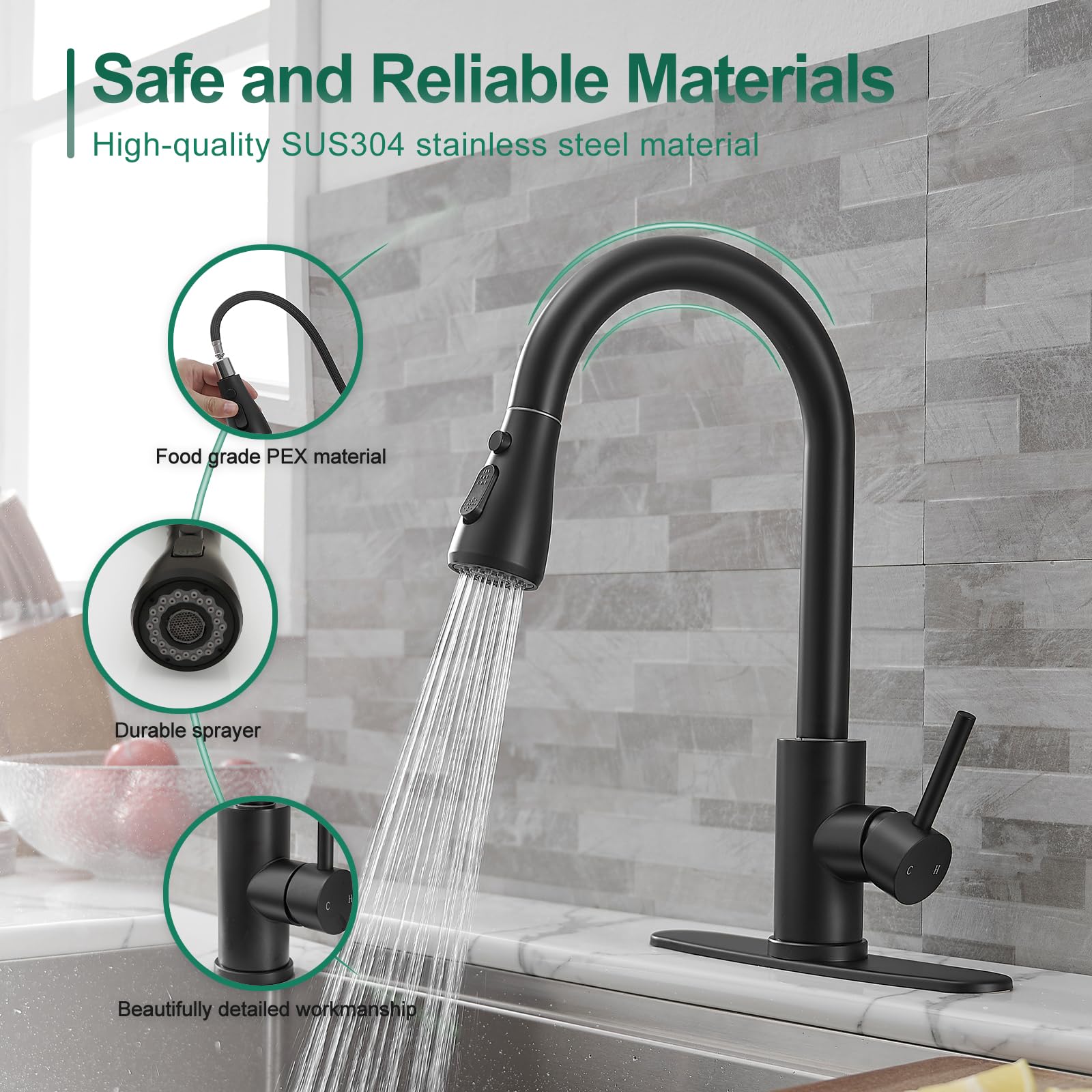 VOTON Black Pull Down Kitchen Faucet with Sprayer - Modern Single Handle High Arc Sink Faucet for 1 or 3 Hole Installation - Perfect for Farmhouse, RV, Camper, Bar & Laundry Sinks - Durable & Stylish Design for Everyday Cooking and Cleaning