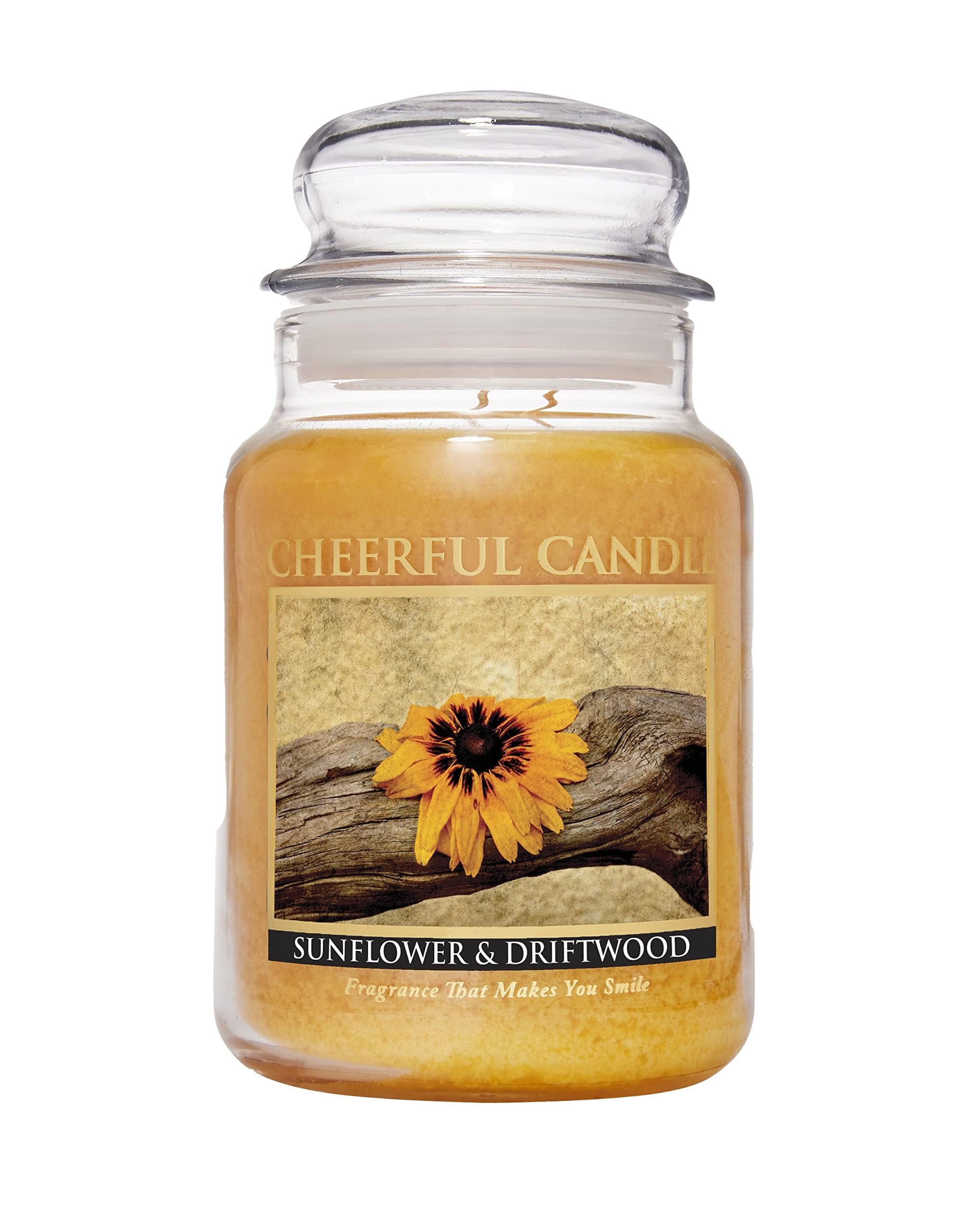 24oz Large Scented Candle Jar with Lid - Sunflower & Driftwood Fragrance - 135 Hours Burn Time - Cheerful Gift for Women - Perfect for Home Decor, Relaxation & Romantic Ambiance
