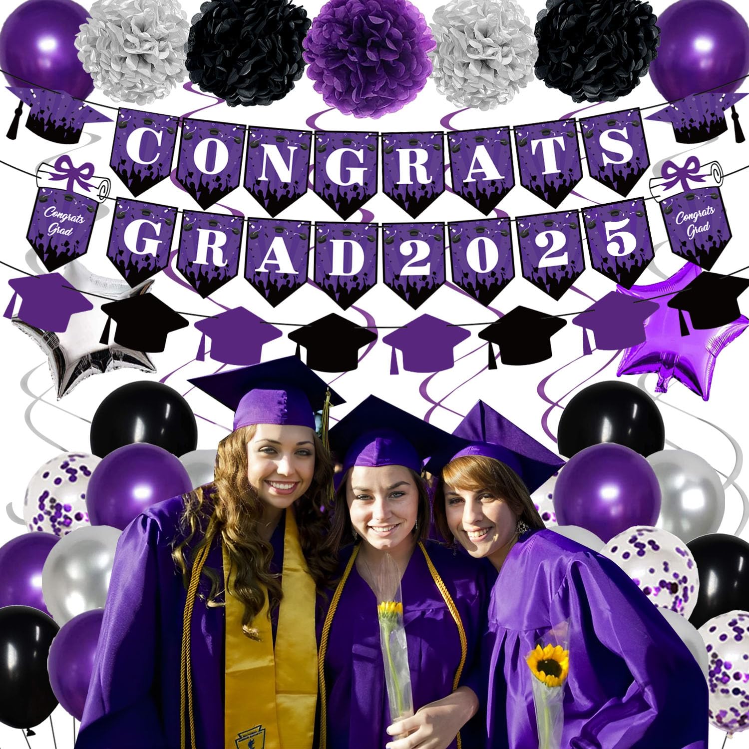 2025 Graduation Party Decorations - Purple, Black & Silver Congrats Grad Banner, Paper Pompoms, Hanging Swirls, Star Foil Balloons & Confetti Balloons for College & High School Graduation Celebrations - Perfect for Graduation Ceremonies, Parties & Photo Backdrops