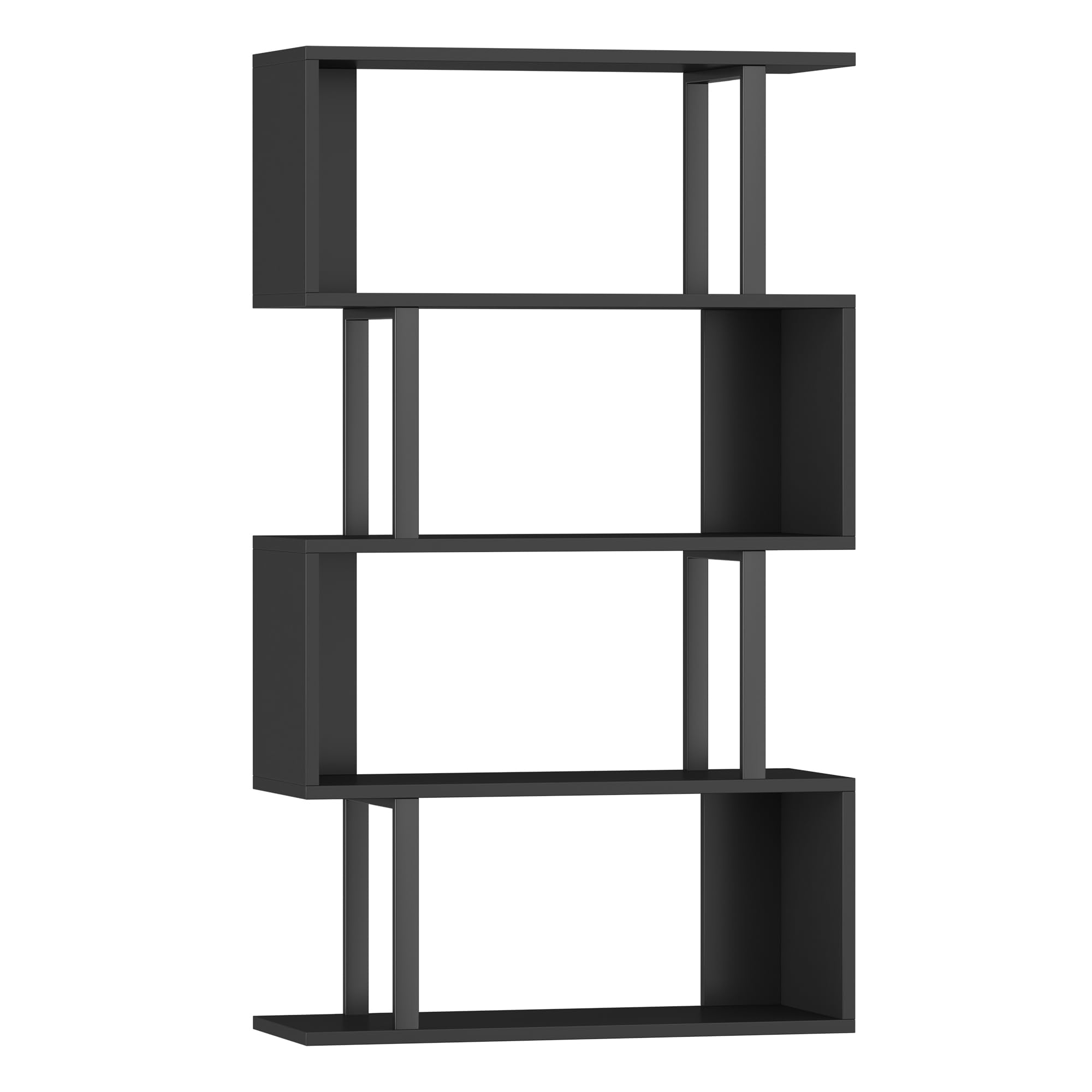 Yusong Geometric Bookcase - 4-Tier S-Shaped Bookshelf for Bedroom & Home Office, Modern Wooden Display Shelf for Books & Decor, Black - Perfect for Small Spaces & Stylish Storage Solutions