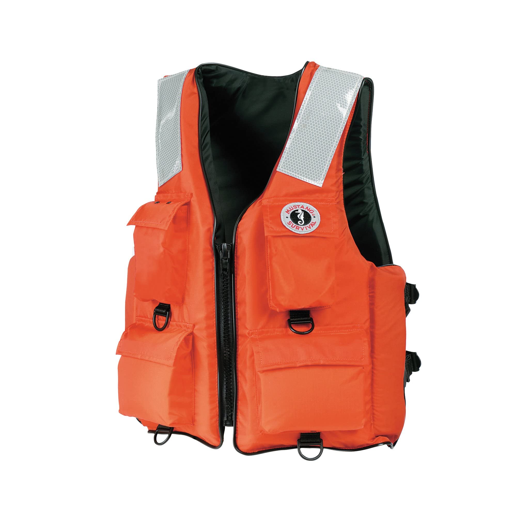 MUSTANG SURVIVAL Classic Industrial Safety Vest with 4 Pockets & SOLAS Reflective Tape - High Visibility Work Vest for Construction, Roadside, and Marine Safety