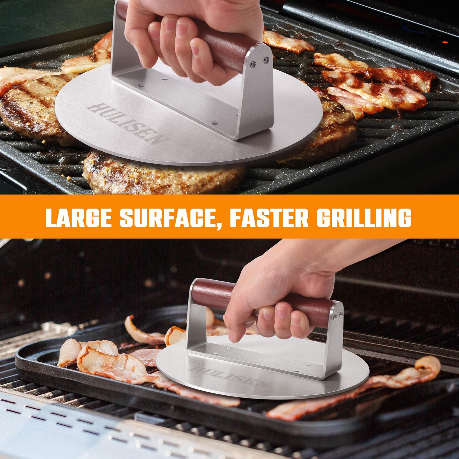 **HULISEN 8.5-Inch Heavy Duty Stainless Steel Burger Press – 2.5 lbs Bacon & Grill Smasher with Wood Handle – Perfect for Hamburgers, Steaks & BBQ – Ideal for Grilling, Smashing Patties & Cooking on Griddles**