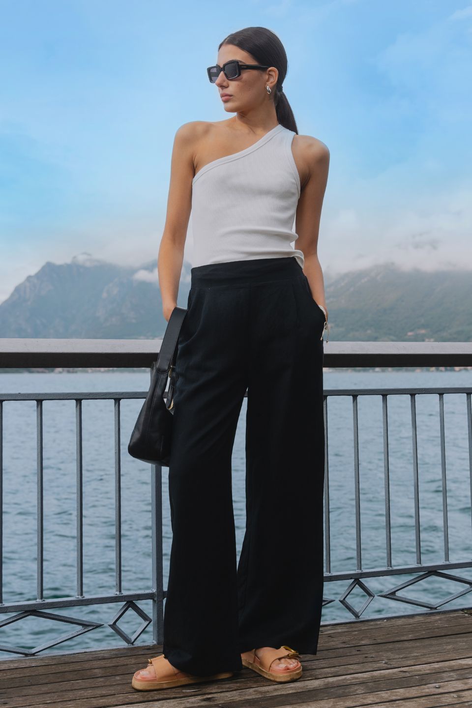 Guardian Black Linen Viscose Elastic Waist Pants for Women - Comfortable Stretch Pull-On Trousers for Work, Travel & Casual Wear