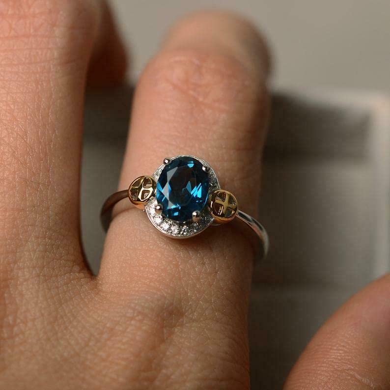 1.4ct Oval Cut London Blue Topaz Celtic Cross Halo Ring - BeBold White Gold Plated Jewelry for Women, Wedding, Anniversary & Gift Occasions