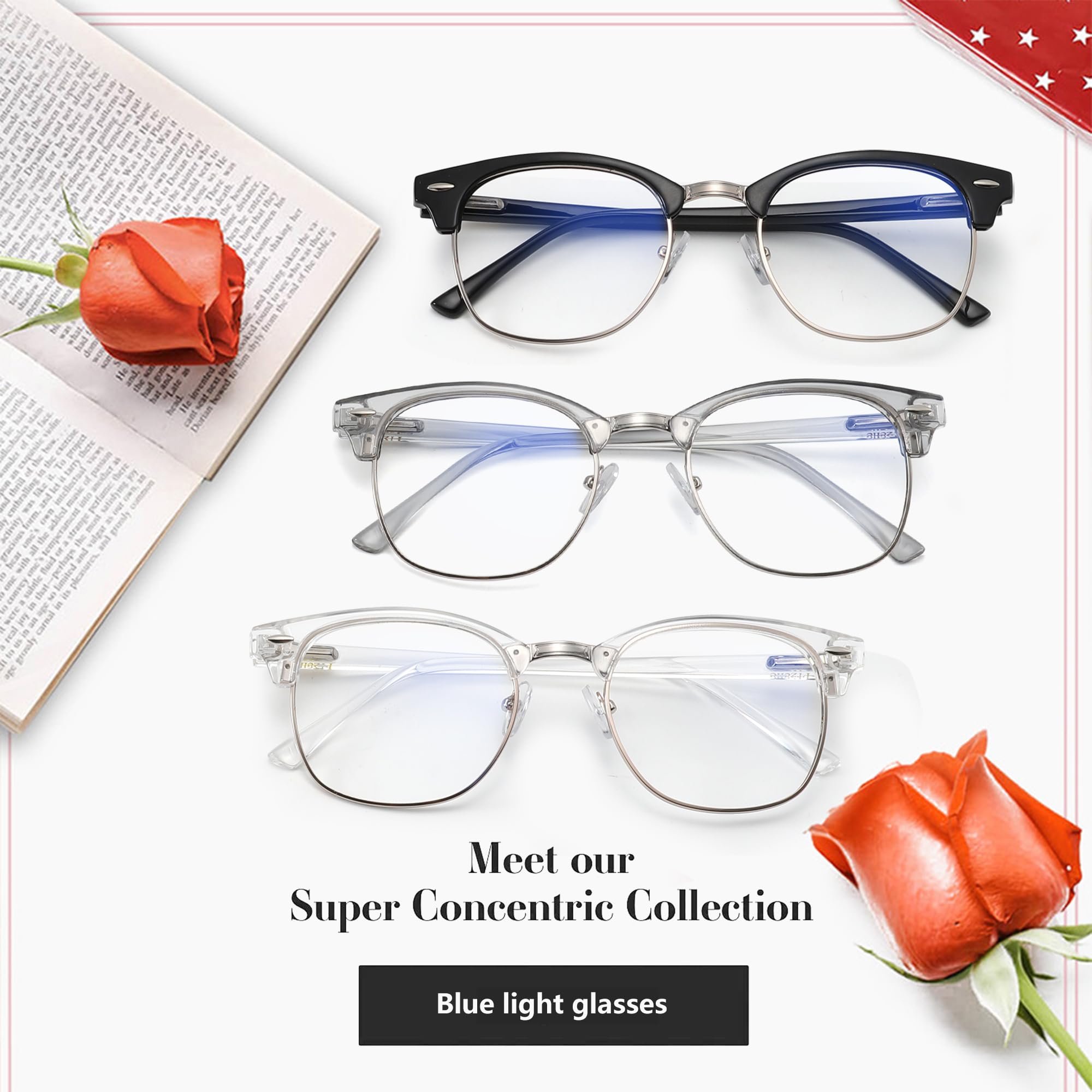Blue Light Blocking Glasses for Men & Women - UV400 Protection Computer Eyewear - Retro Round Semi-Rimless Design - 3-Pack (Black, Grey, Transparent) - Reduce Eye Strain for Work, Gaming & Screen Time