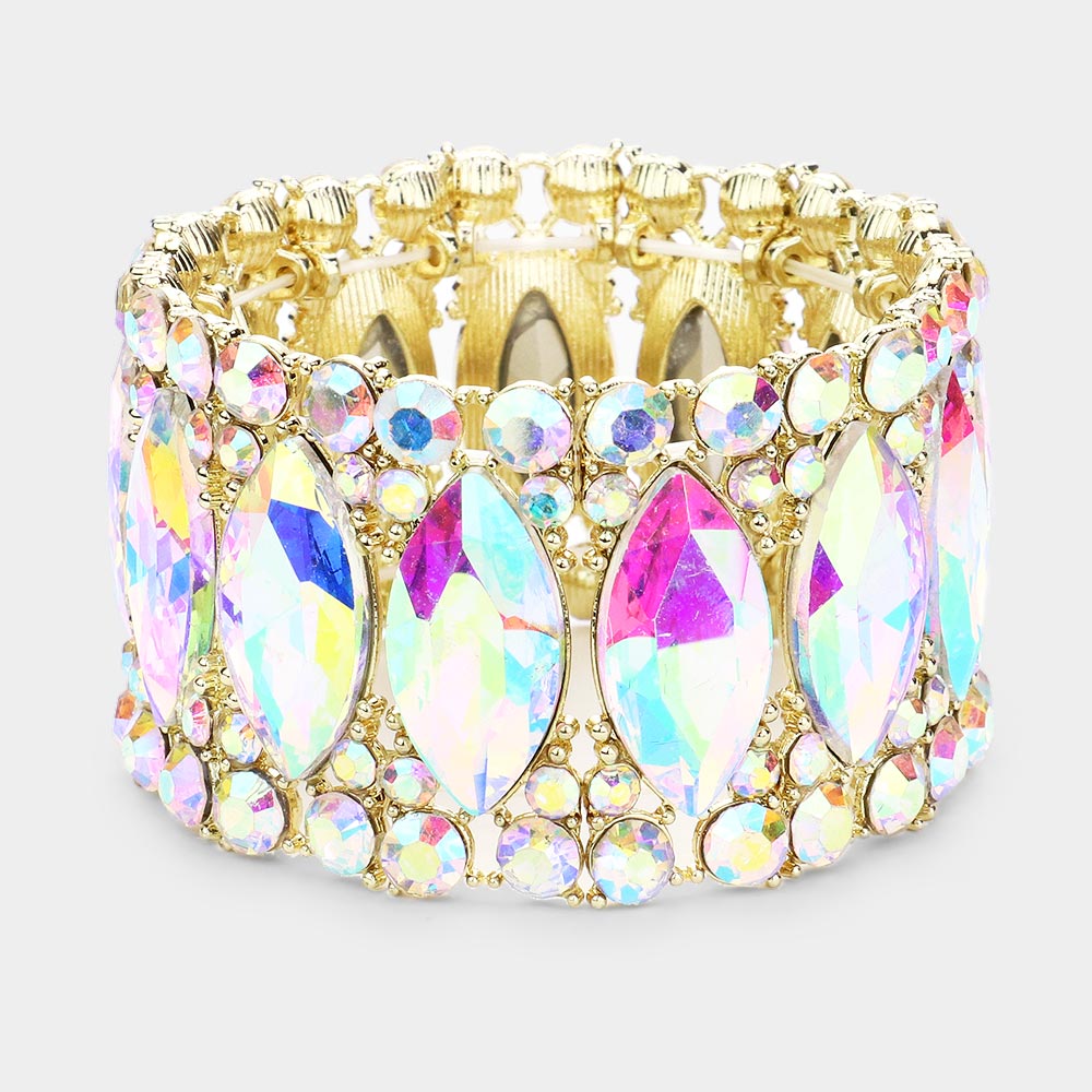 AB Large Marquise Stoned Stretch Pageant Bracelet in Gold | Elegant Prom Jewelry for Women | Perfect for Pageants, Proms & Formal Events | 506898