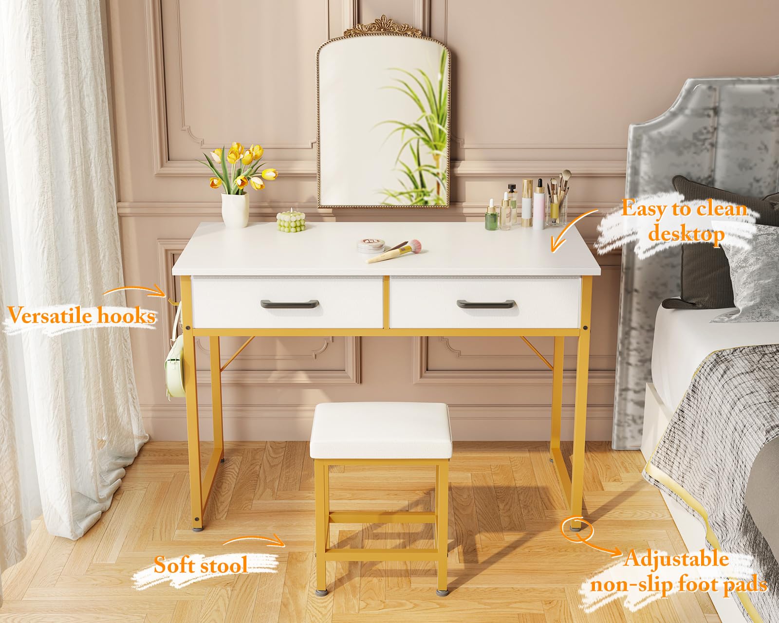 AODK 40 Inch Small Vanity Desk with Stool - No Mirror Makeup Table with 2 Fabric Drawers & Steel Hook - Elegant White and Gold Vanity Table for Girls Bedroom | Perfect for Makeup Organization, Dressing Area & Small Space Decor