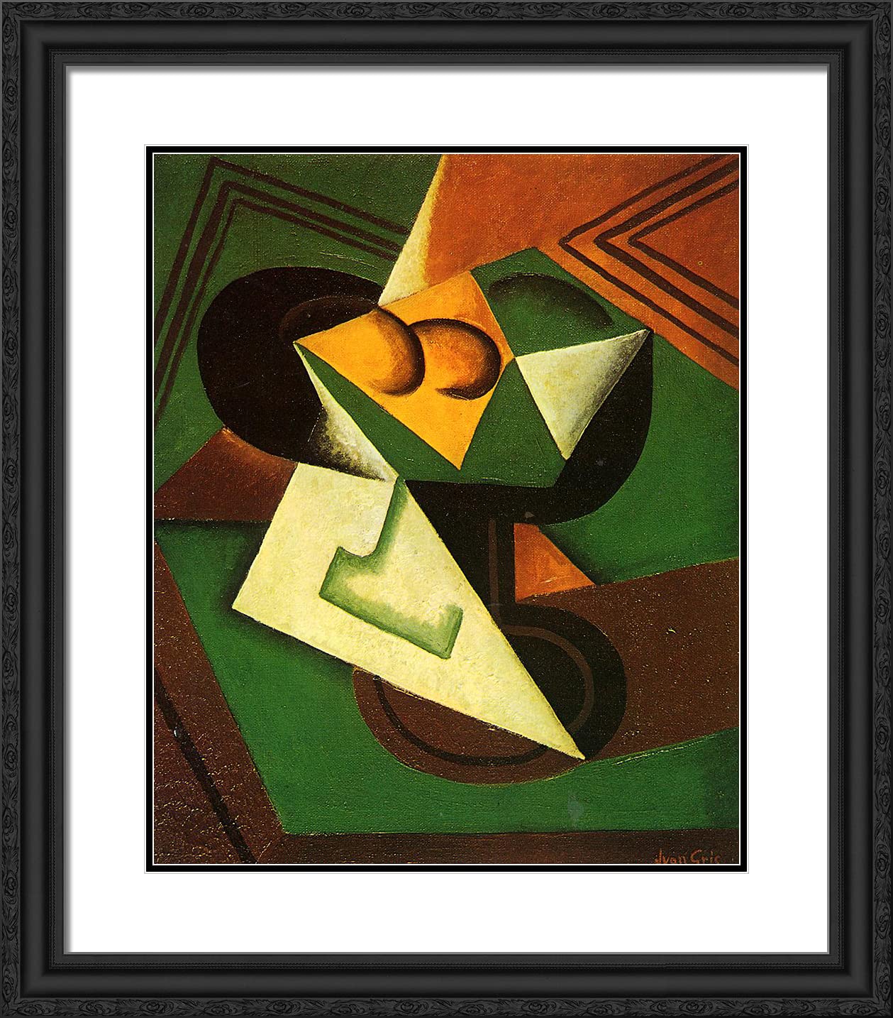 Juan Gris 'Fruit Bowl and Fruit' 20x23 Black Ornate Framed Art Print with Double Matting - Modern Cubist Wall Decor for Living Room, Office & Dining Area