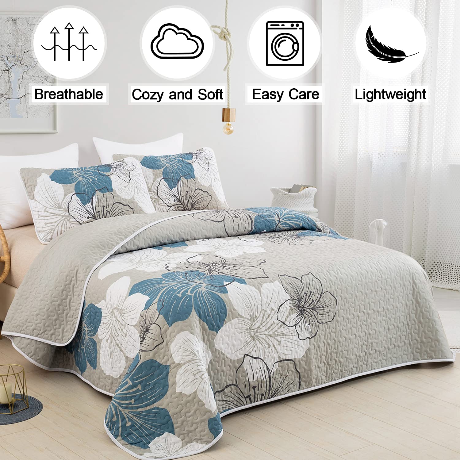 3-Piece California King Quilt Set - Blue Floral Boho Bedspread with 2 Pillow Shams, Lightweight Summer Quilt Coverlet for Adults & Teens, 106