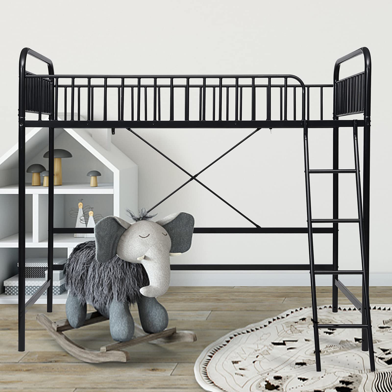 Black Twin Loft Bed with Full-Length Safety Guardrail & Sturdy Ladder - Space-Saving Kids Bedroom Furniture for Small Rooms, Dorms & Apartments