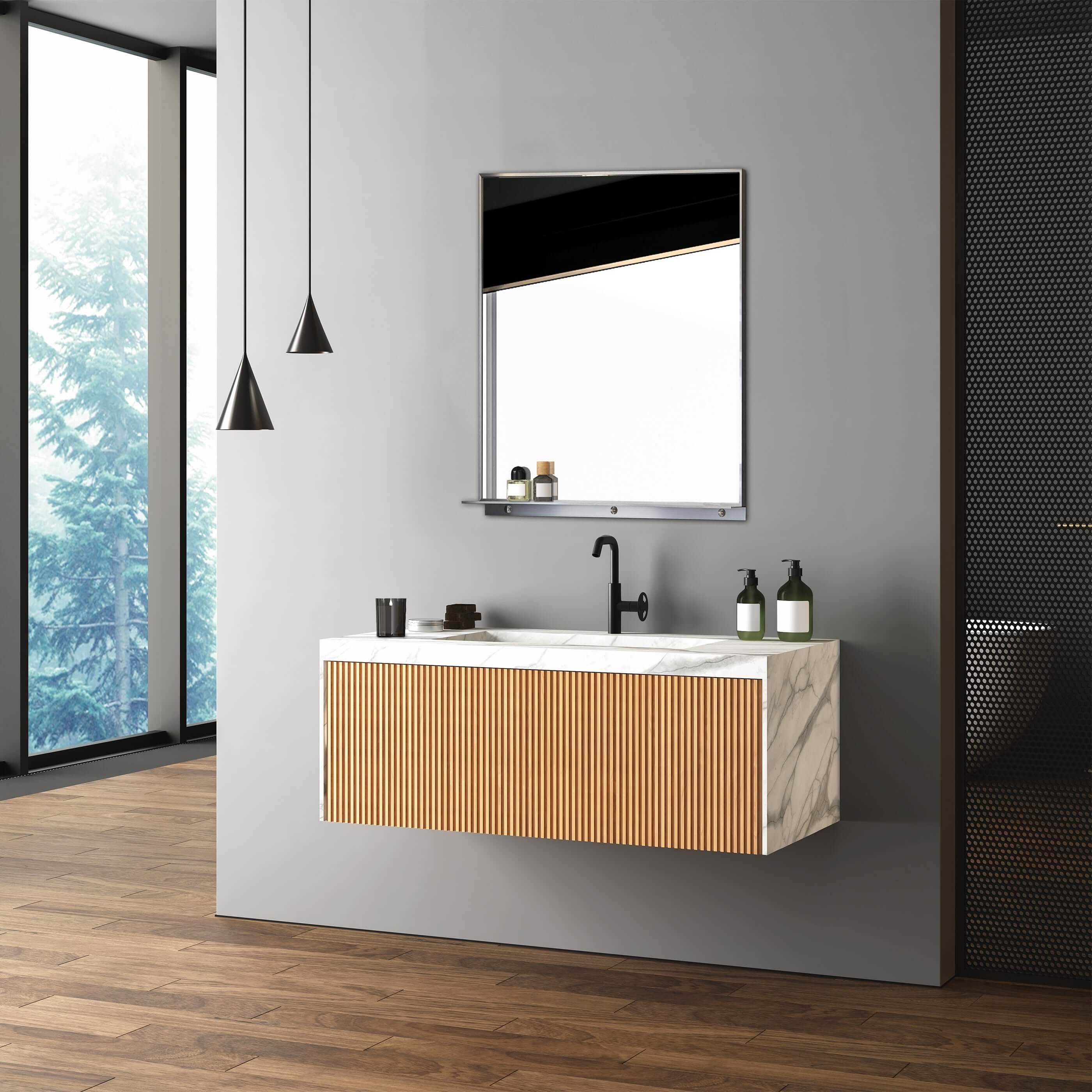Brushed Nickel Rectangular Wall Mirror with Built-in Shelf - 24W x 32H Framed Bathroom Mirror for Vanity, Bedroom, or Entryway Decor