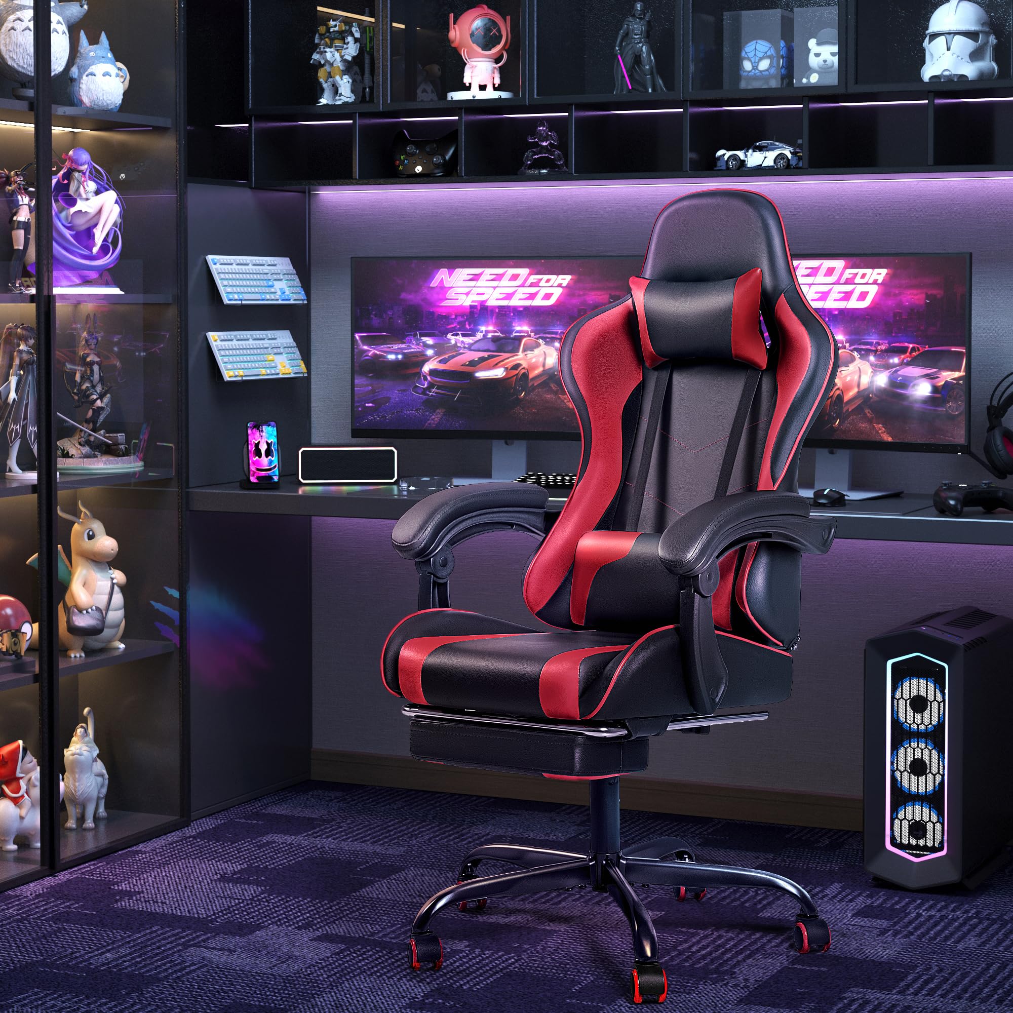 Furmax Ergonomic Gaming Chair with Adjustable Footrest & Lumbar Massage - Height Adjustable Swivel Computer Chair with Headrest for Esports, Racing & Office Use (Red) - Perfect for Gamers, Streamers & Home Office Workers