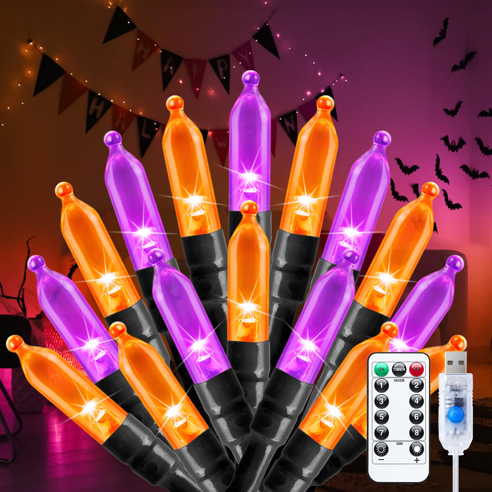 100 LED 39 FT Halloween String Lights - USB Powered with Remote, Waterproof Indoor/Outdoor Twinkle Lights for Christmas, Holiday Party, Tree & Window Decor (Purple & Orange) - Perfect for Halloween Parties, Christmas Tree Lighting, and Year-Round Home Decoration