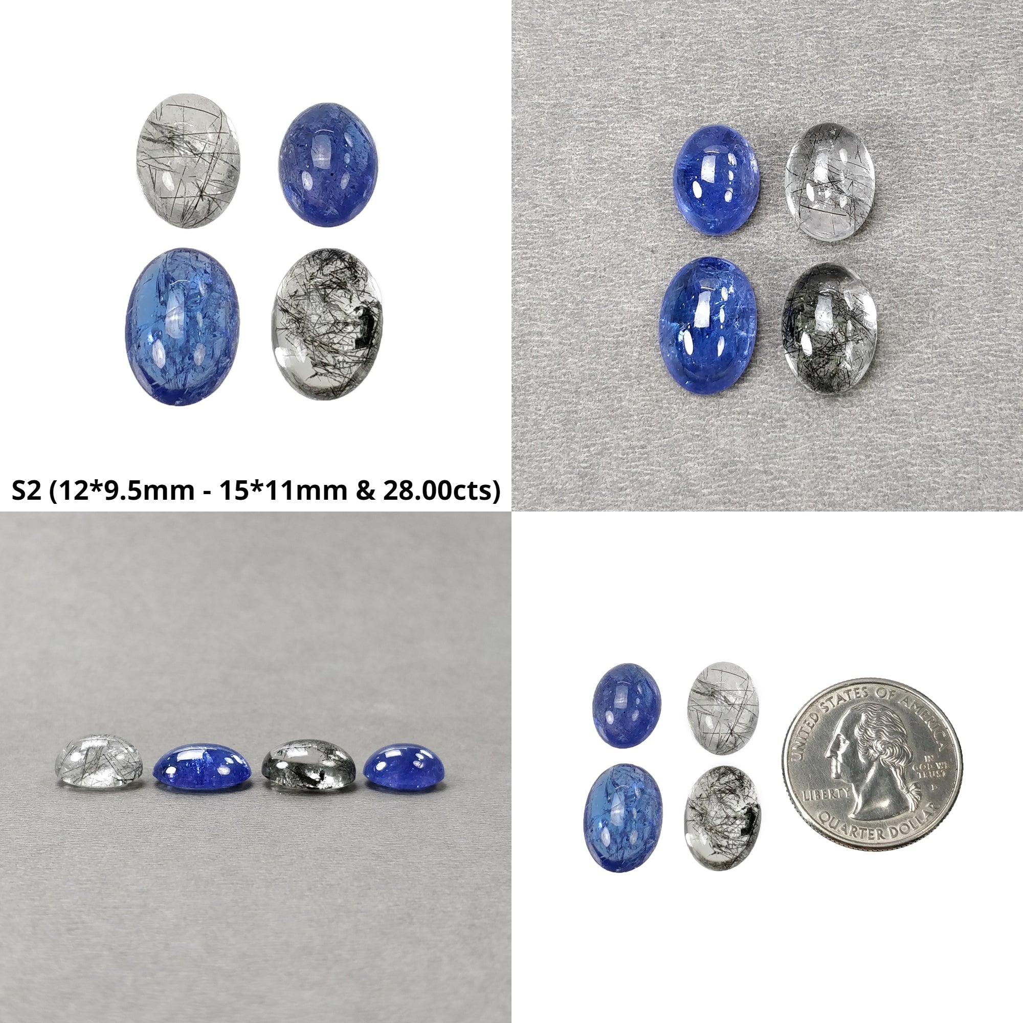 Natural Black Rutile Quartz & Tanzanite Gemstone Cabochon Set - Untreated, Unheated Oval Shape (3pcs & 4pcs) for Jewelry Making, Wire Wrapping & Crystal Healing