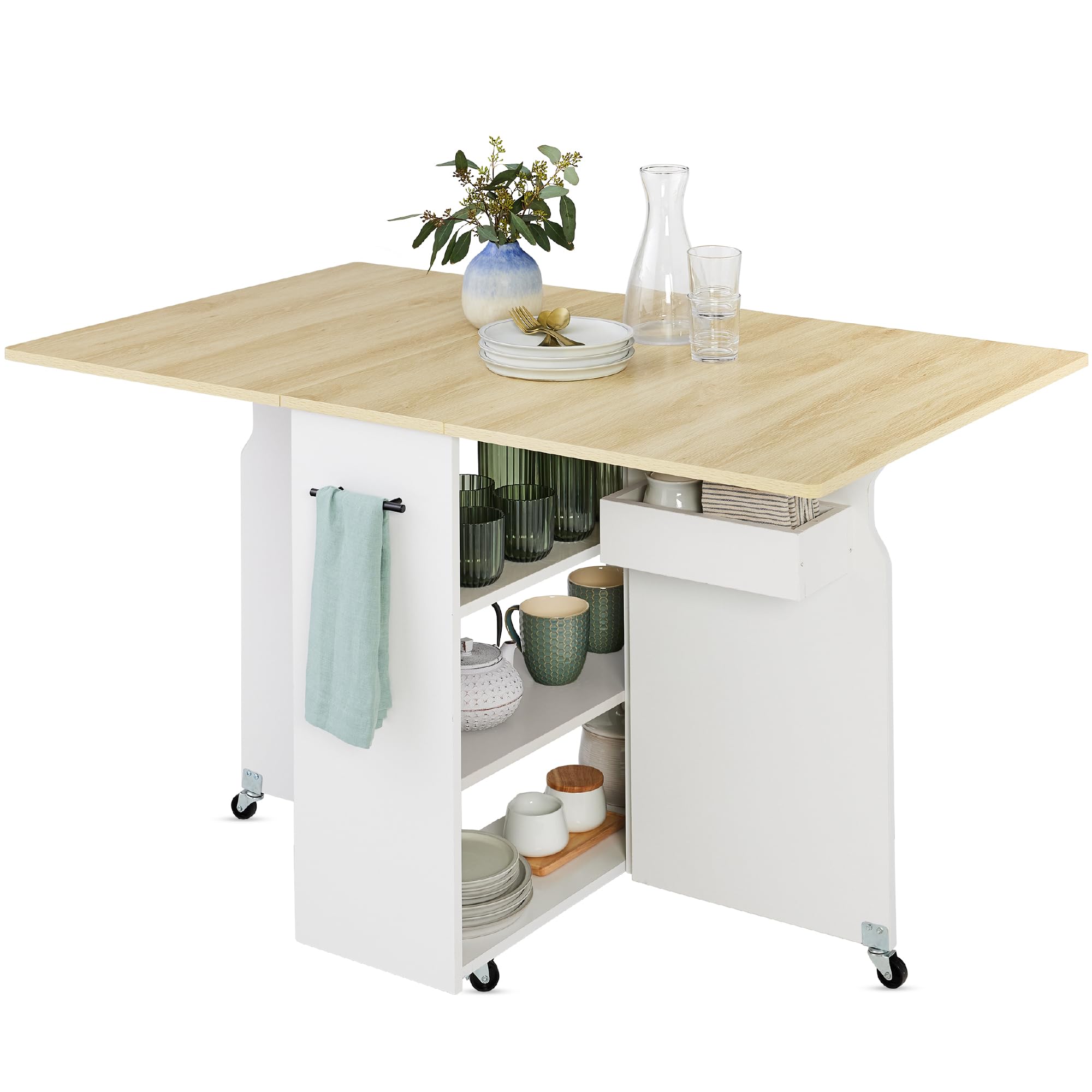 Best Choice Products Folding Dining Table - Space Saving Drop Leaf Extension Desk with Wheels & 3 Storage Shelves, Oak/White - Perfect for Small Apartments, Kitchen Nooks, and Home Offices
