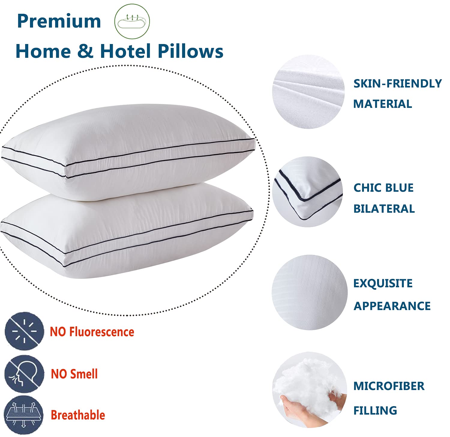 Premium Bed Pillows for Sleeping (2 Pack) - Luxury Plush Soft Pillows for Home & Hotel Use, Breathable Microfiber Cover, Skin-Friendly Support for Side & Back Sleepers (Queen Size) - Ideal for Bedroom, Guest Room & Travel Comfort