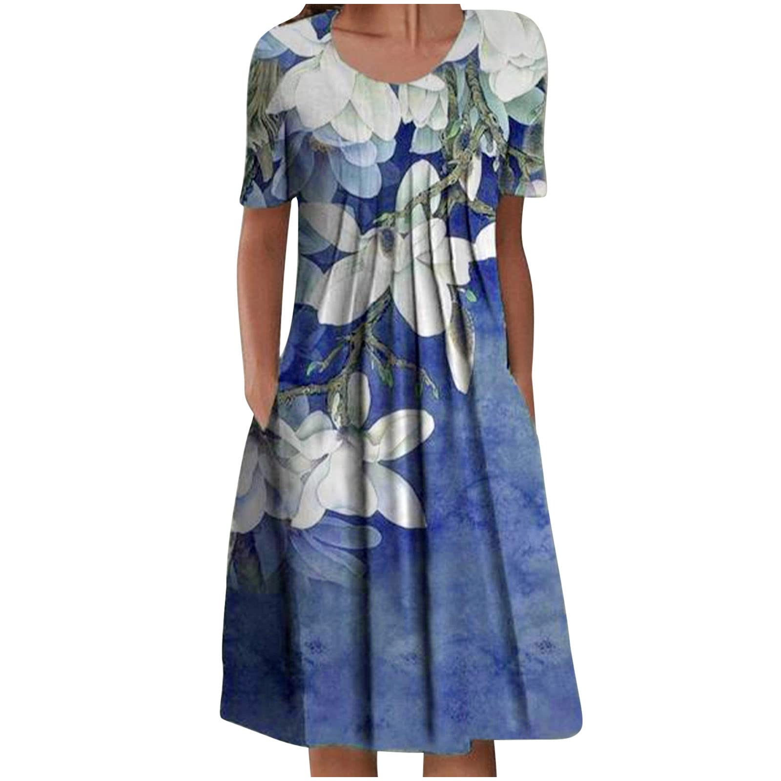 Floral Print Women's Summer Midi Dress - Loose Fit Short Sleeve Tunic with Crew Neck & Pockets | Casual Beach Wear, Vacation Outfit, Brunch Dress
