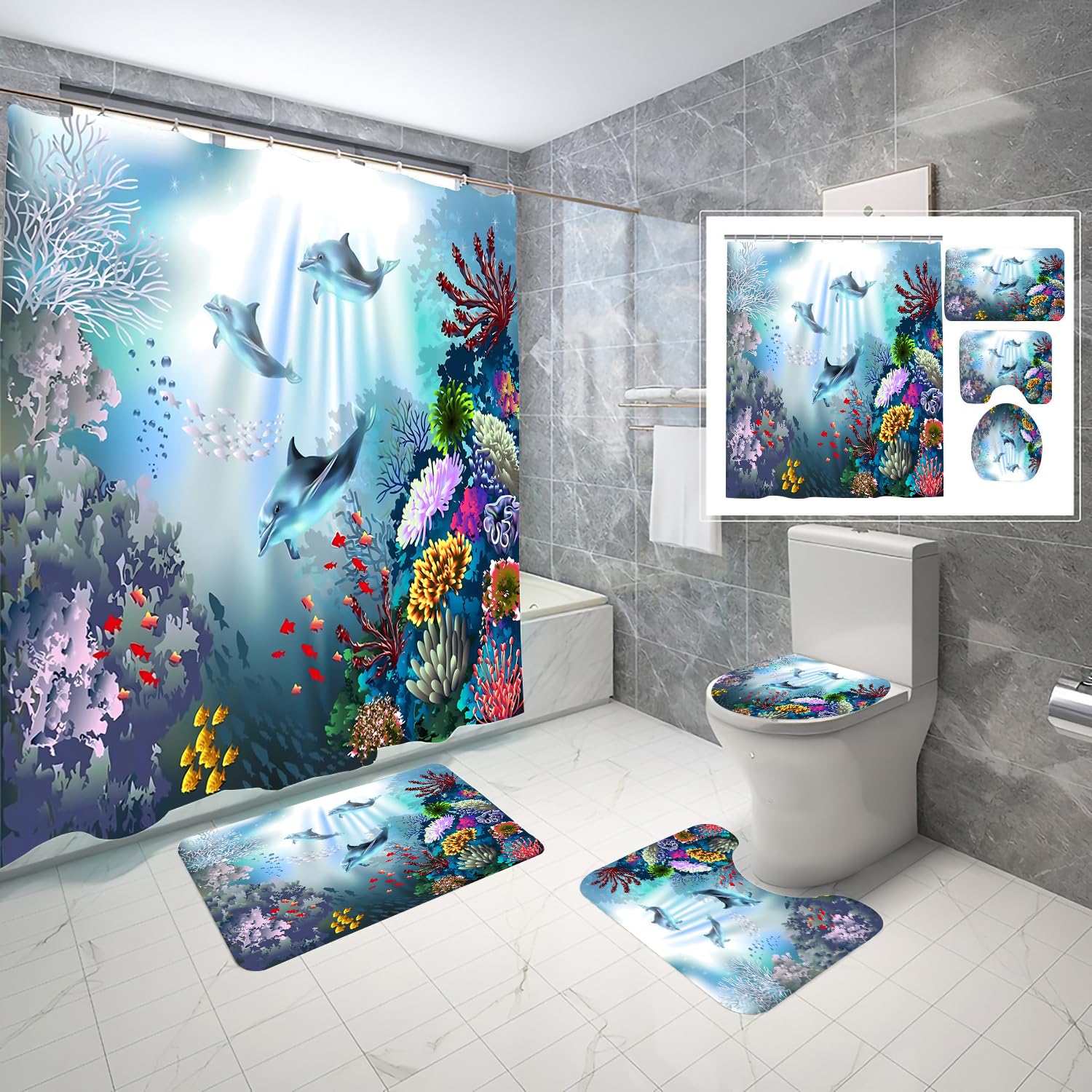 Bella Ocean Coral Reef and Wildlife Shower Curtain Set with Bath Rugs & Accessories - Waterproof Polyester Fabric & Memory Foam - Tropical Beach Theme Printed Bathroom Decor for Coastal, Nautical or Vacation Home Style