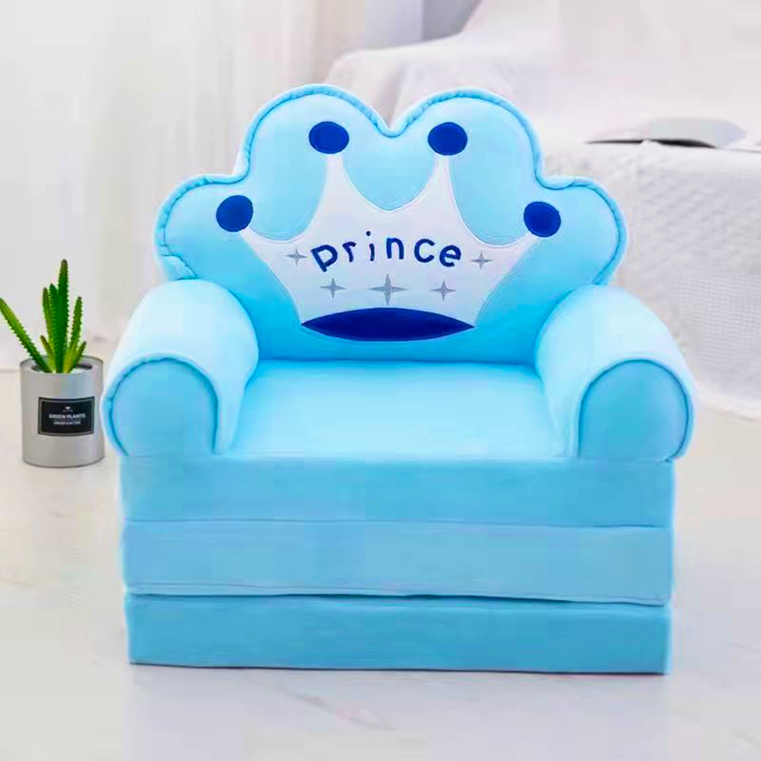 3-Layer Foldable Kids Sofa - Plush Flip Open Armchair with Cute Cartoon Design, Soft Mini Couch for Children's Room, Playroom & Nursery (Blue Crown) - Perfect for Reading, Napping & Playtime