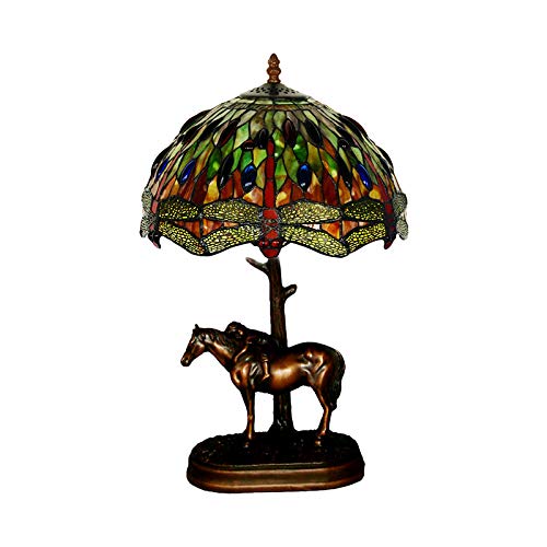 Tiffany Style Dragonfly Stained Glass Table Lamp with Resin Horse & Child - Baroque Coffee Table Lighting for Living Room, Bedroom & Office Decor