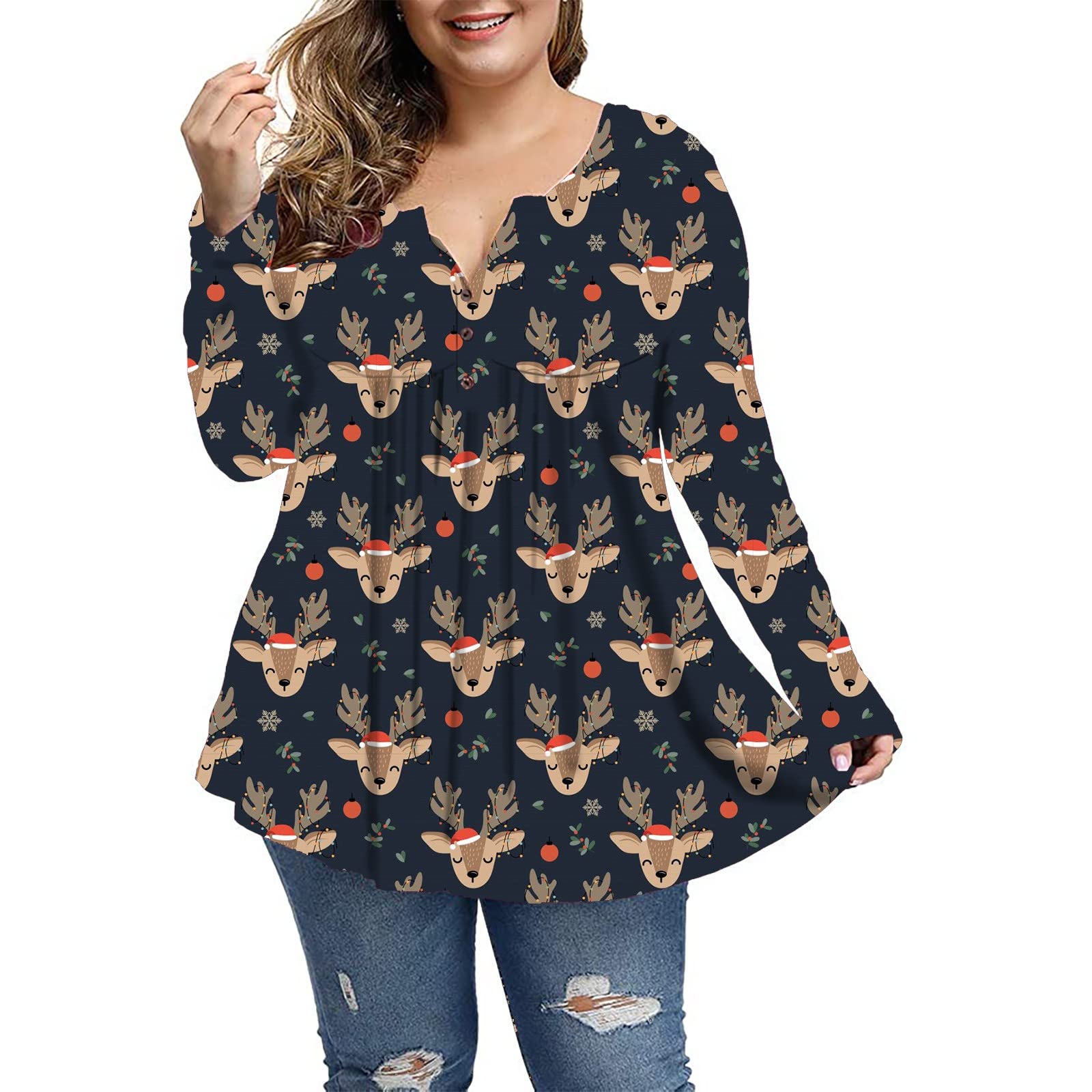 Cute Christmas Print Pleated Long Sleeve Blouse for Women - Casual Work Shirt, Plus Size Tops with Playing Card Design | Holiday Party, Office Wear & Festive Outfits