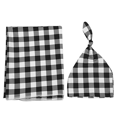 Breathable Baby Blanket & Hat Set - Soft Baby Bath Towel & Bedding Blanket (80x100cm, Black Plaid) - Perfect for Newborn Swaddling, Bath Time & Nursery Comfort