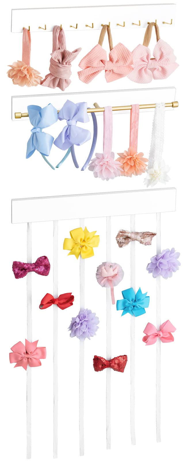 Mkono Girls Hair Bows Holder Organizer - Golden Metal Bar with 10 Hooks, Set of 3 Wooden Hair Clips Bow Storage Rack for Hair Accessories | Perfect for Bedroom, Bathroom, and Vanity Organization