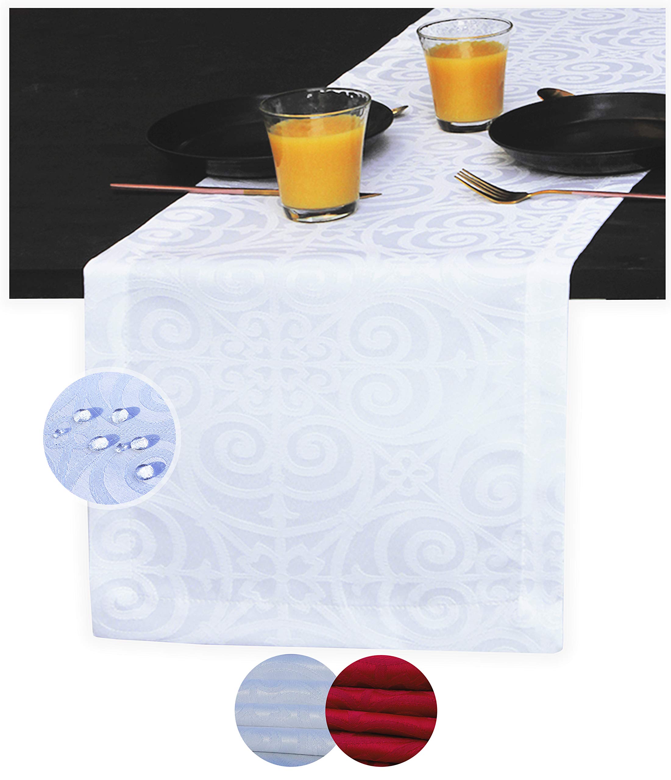 120 Inch White Waterproof Table Runner - Elegant Jacquard Dining Table Decor for Weddings, Parties, Events | Perfect for Thanksgiving, Christmas & Holiday Celebrations | Indoor & Outdoor Use for Coffee Tables, Dressers & Dining Tables