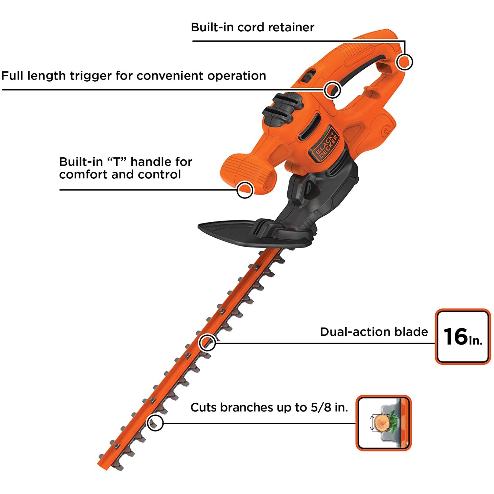 BLACK + DECKER BEHT100 16-Inch Corded Electric Hedge Trimmer - Lightweight & Powerful for Perfect Garden Shaping | Ideal for Trimming Bushes, Hedges & Shrubs in Home Landscaping