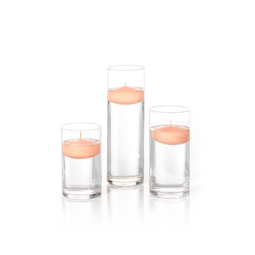 Yummi Set of 18 Floating Candles with Cylinder Vases in Peach - Elegant Wedding Centerpieces, Romantic Dinner Decor, Spa & Bathroom Ambiance Lighting