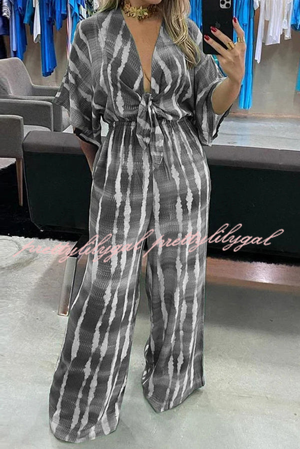 Stylish Striped Print V-Neck Lace-Up Wide Leg Jumpsuit for Women | Casual Summer Outfit | Perfect for Beach, Vacation & Date Night