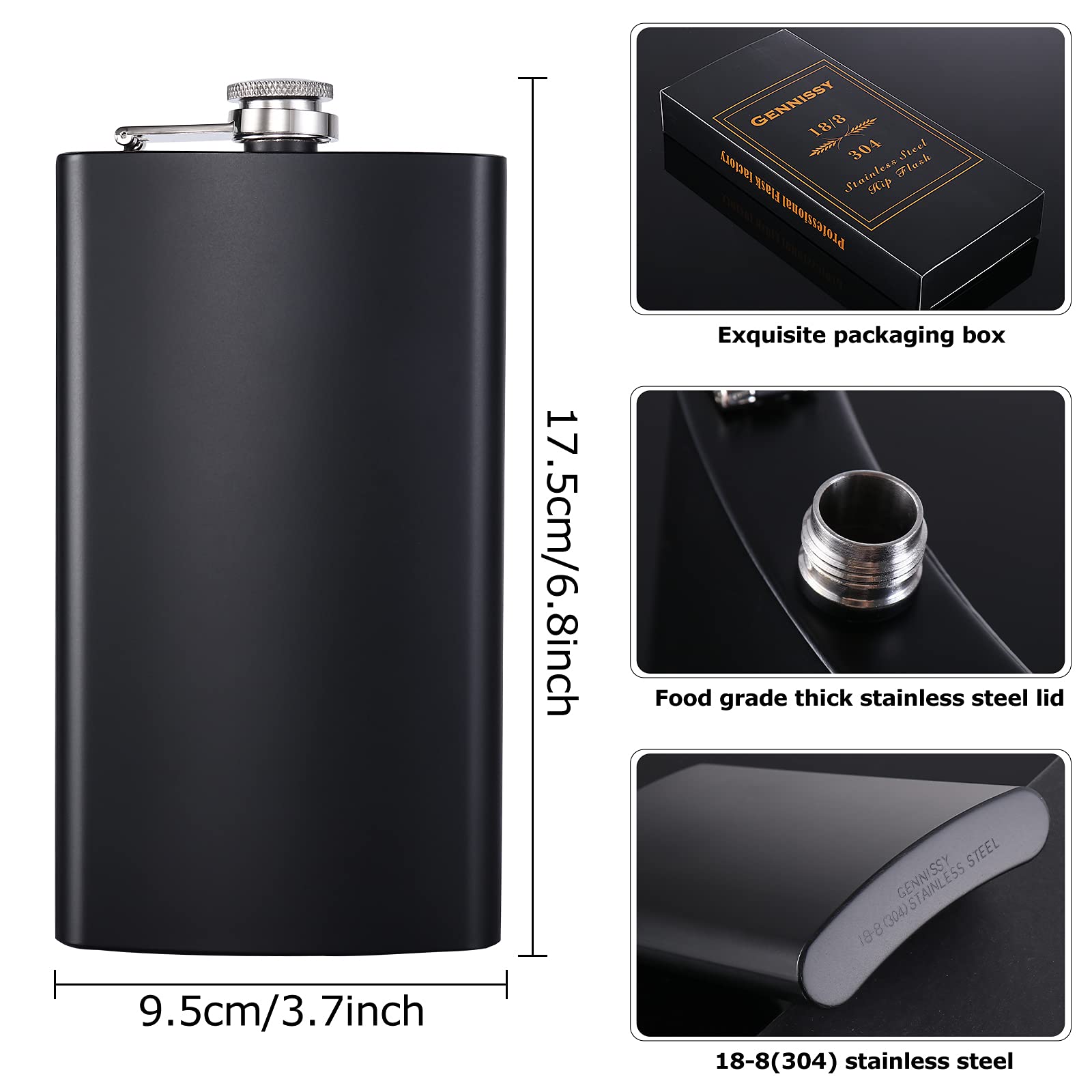 GENNISSY 12OZ Stainless Steel Hip Flask for Whiskey, Vodka & Liquor - 18/8 Food Grade Silver Flask with Funnel (Black) - Perfect for Outdoor Adventures, Camping, Gifts & Parties