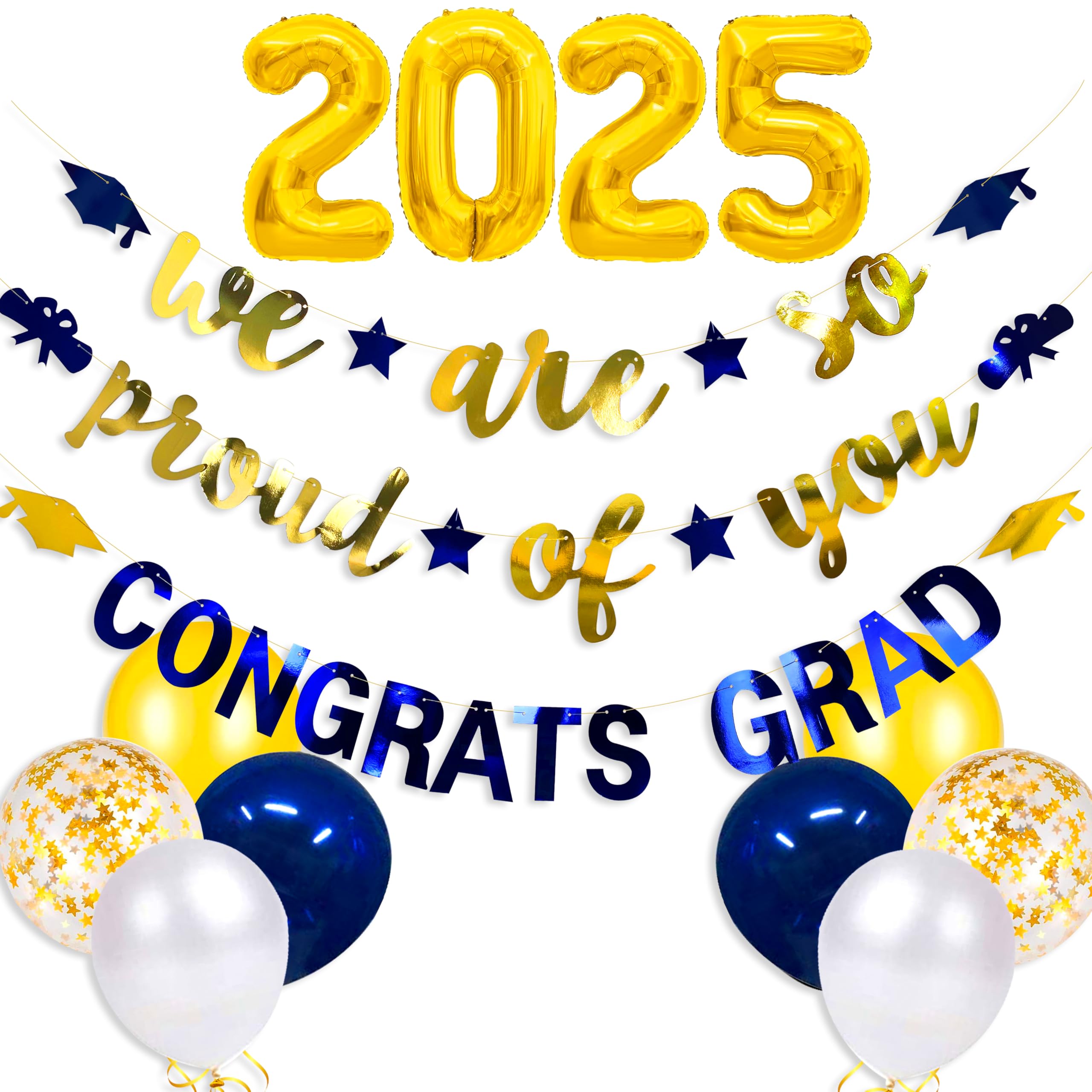 2025 Graduation Party Decorations - Navy Blue & Gold Foil Balloons, Congrats Grad Banner, Cap Diploma Star Garland - Perfect for 2025 Graduation Ceremonies, Parties & Celebrations
