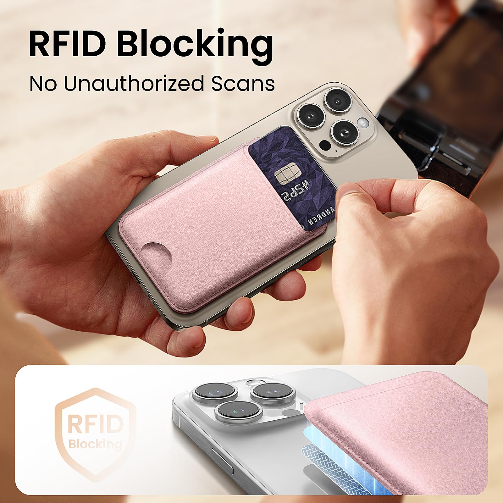 Premium Leather Phone Card Holder Stick On with Strong Adhesive - RFID Blocking Credit Card Wallet for iPhone, Samsung & Android (Holds 4 Cards, Light Pink) - Perfect for Travel, Shopping & Everyday Convenience