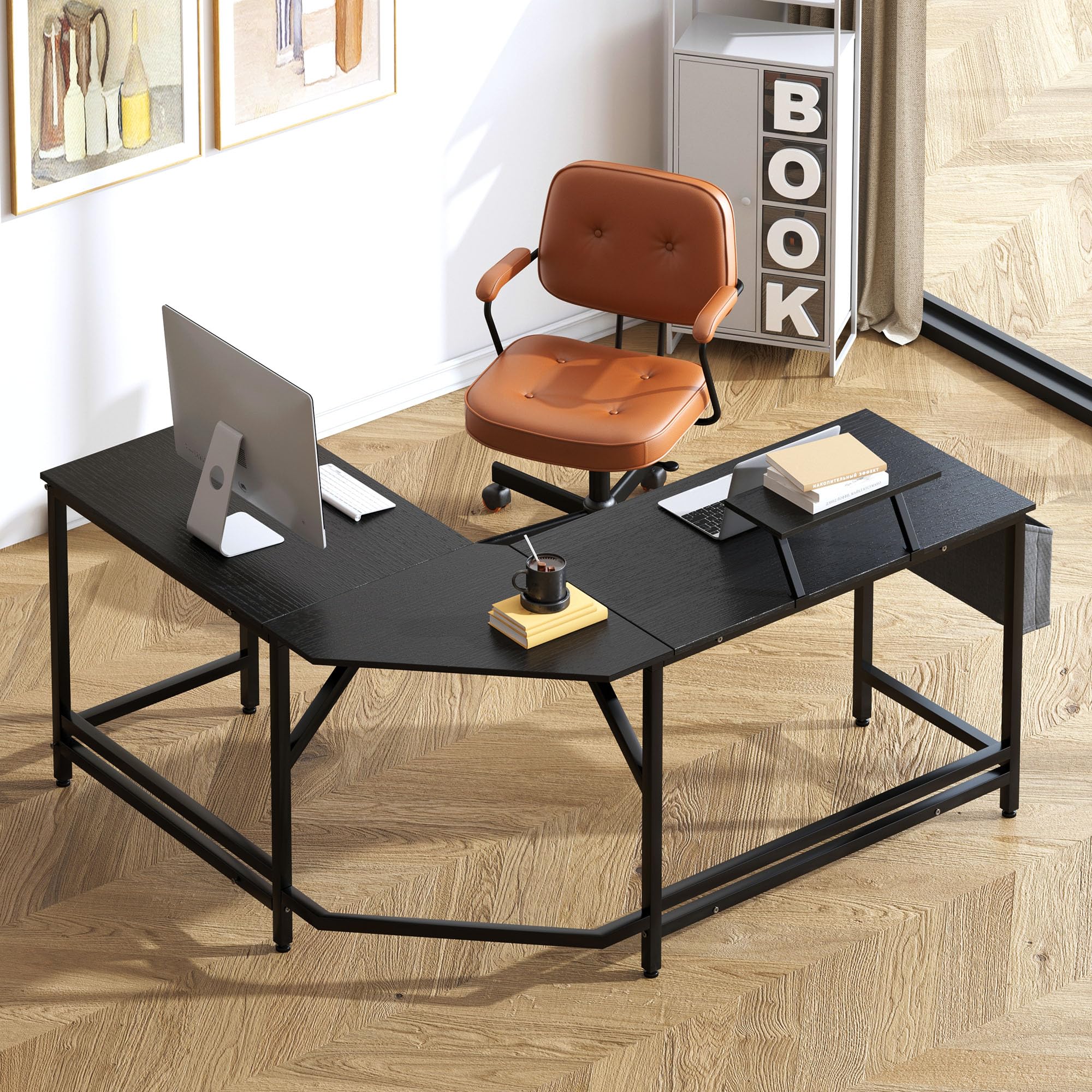 Soges Black L-Shaped Desk with Storage Bag & Monitor Stand - Corner Computer Desk for Home Office, Gaming, Writing & Reading | Space-Saving L-Shaped Workstation for Small Rooms & Apartments
